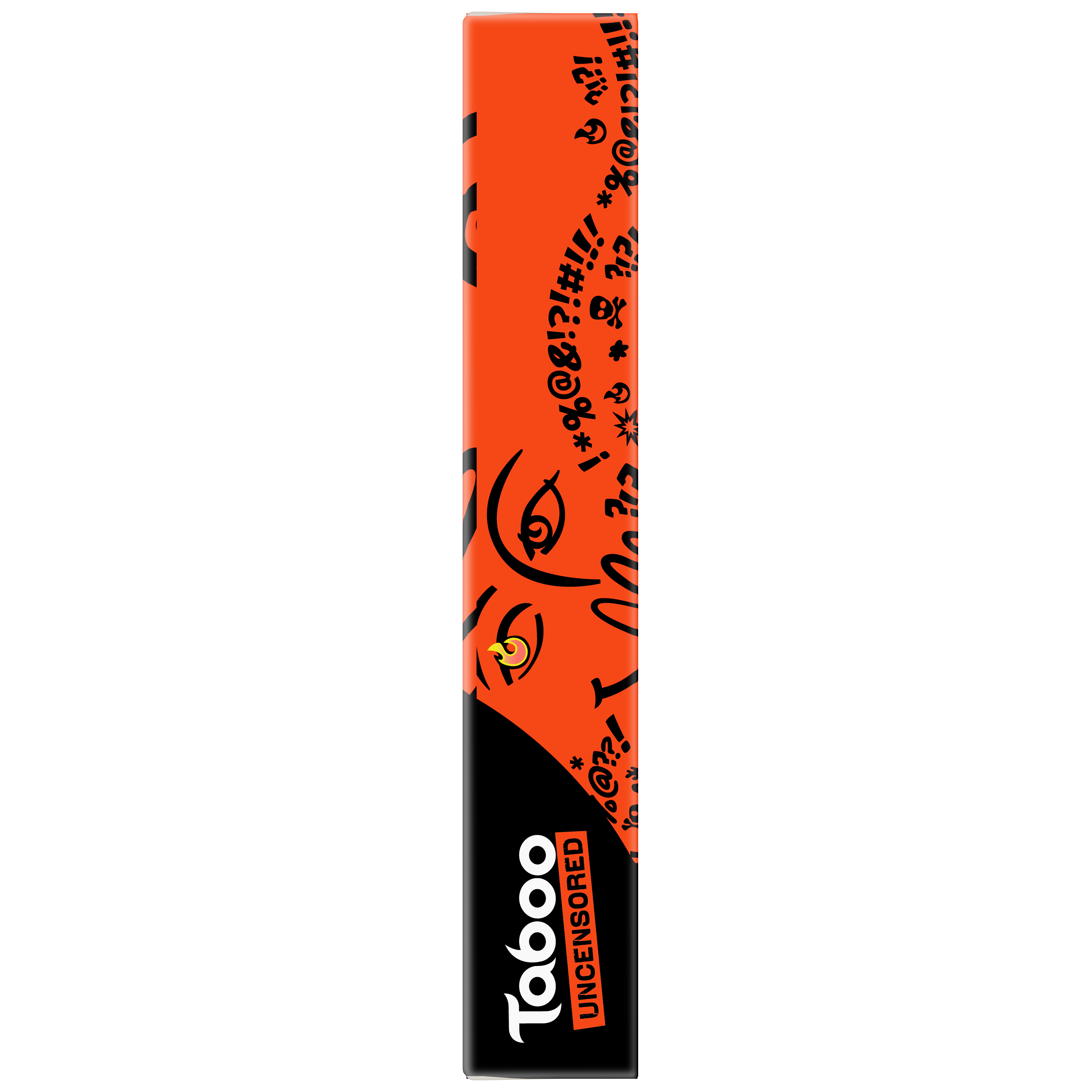 Una caja de Taboo Uncensored, larga y naranja, con una parte inferior negra. Hay caras y texto impresos en ella.
