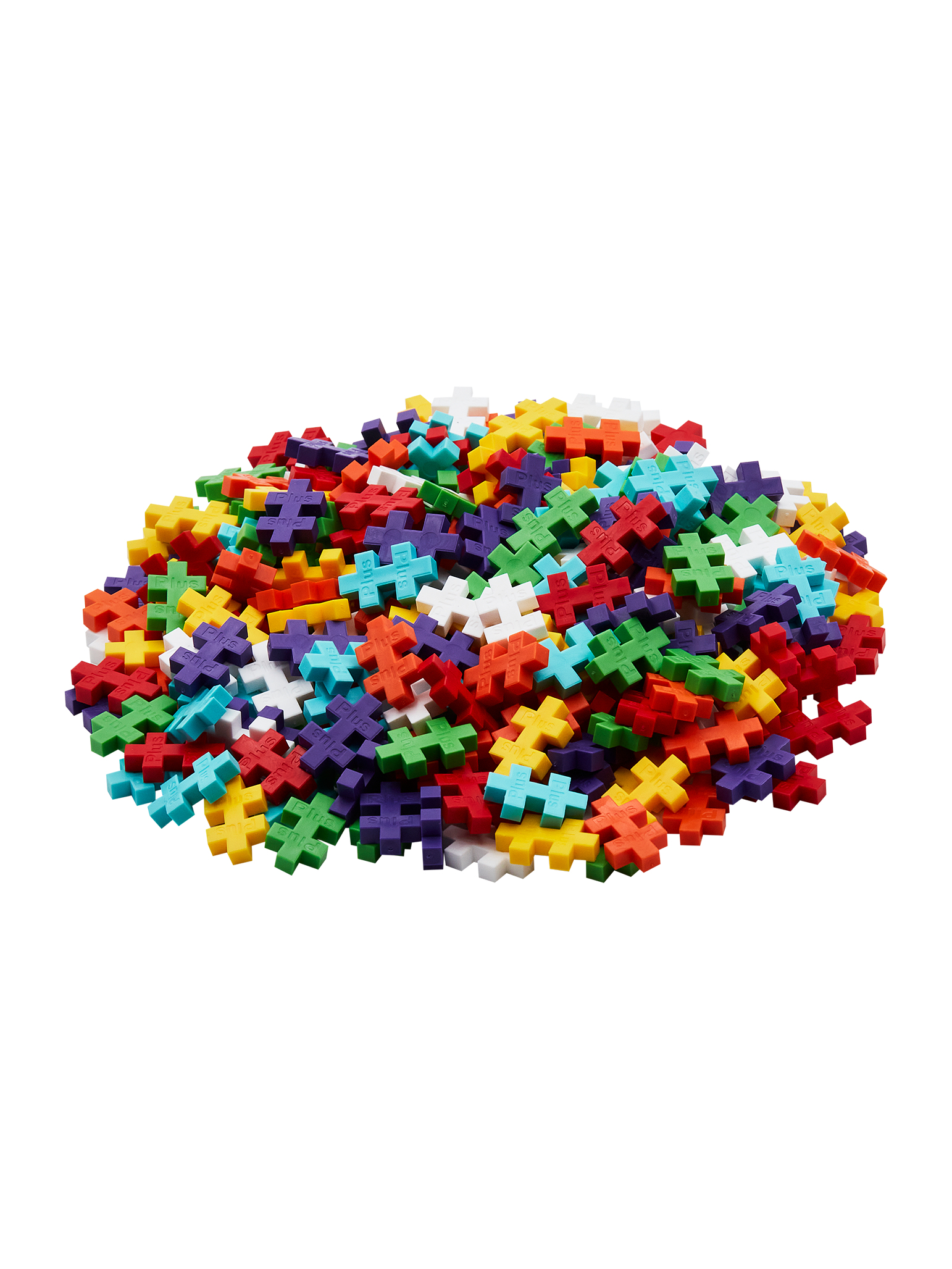 Duży stos kolorowych, zazębiających się plastikowych klocków, w różnych kolorach, na białym tle.