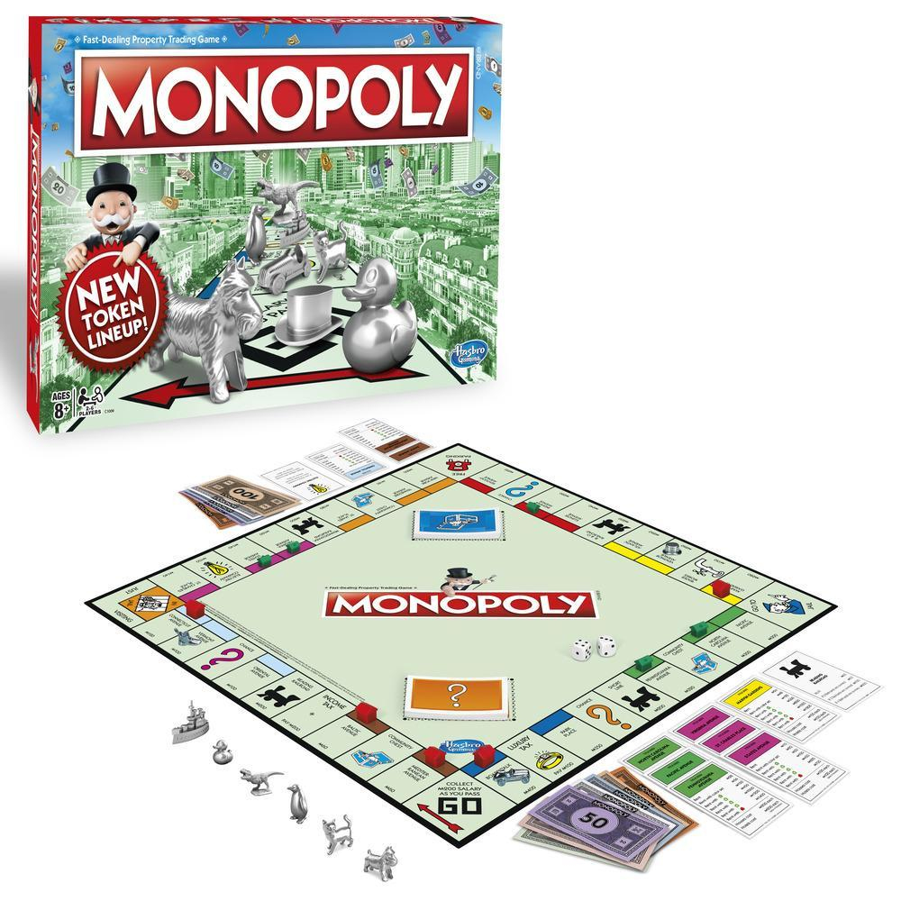 Caja del juego de mesa Monopoly. Muestra el tablero, las fichas y las cartas, con el logo de Monopoly.