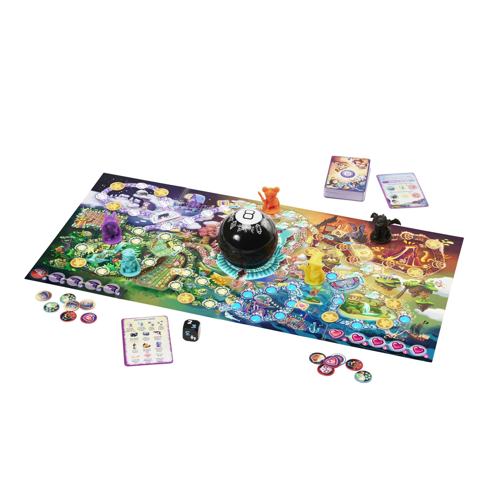 Een bordspel met een kleurrijke kaart, pionnen, kaarten en een zwarte bol. Het is een fantasiespel.