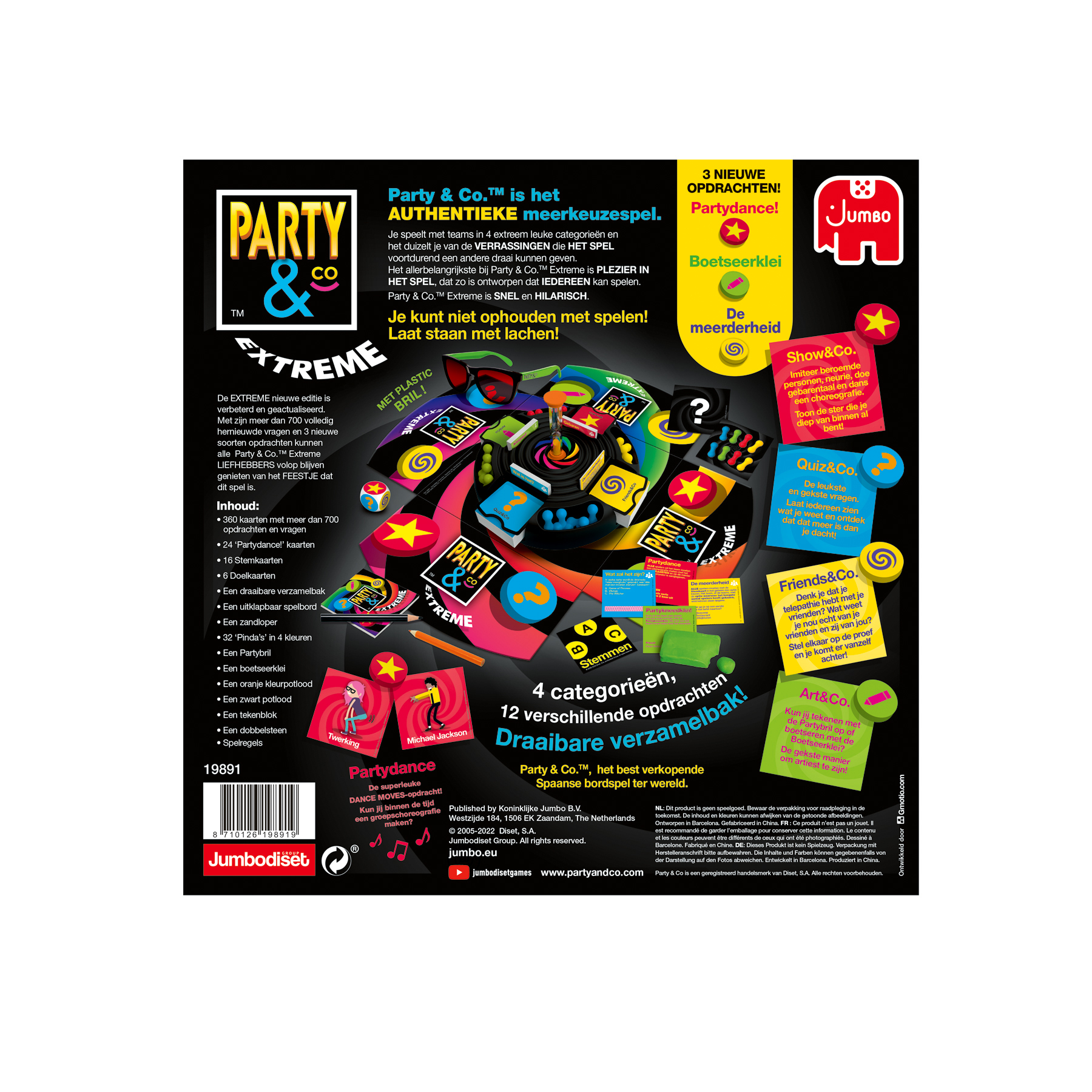 Party & Co. Extreme bordspelbox. Zwarte achtergrond, kleurrijke spelstukken.