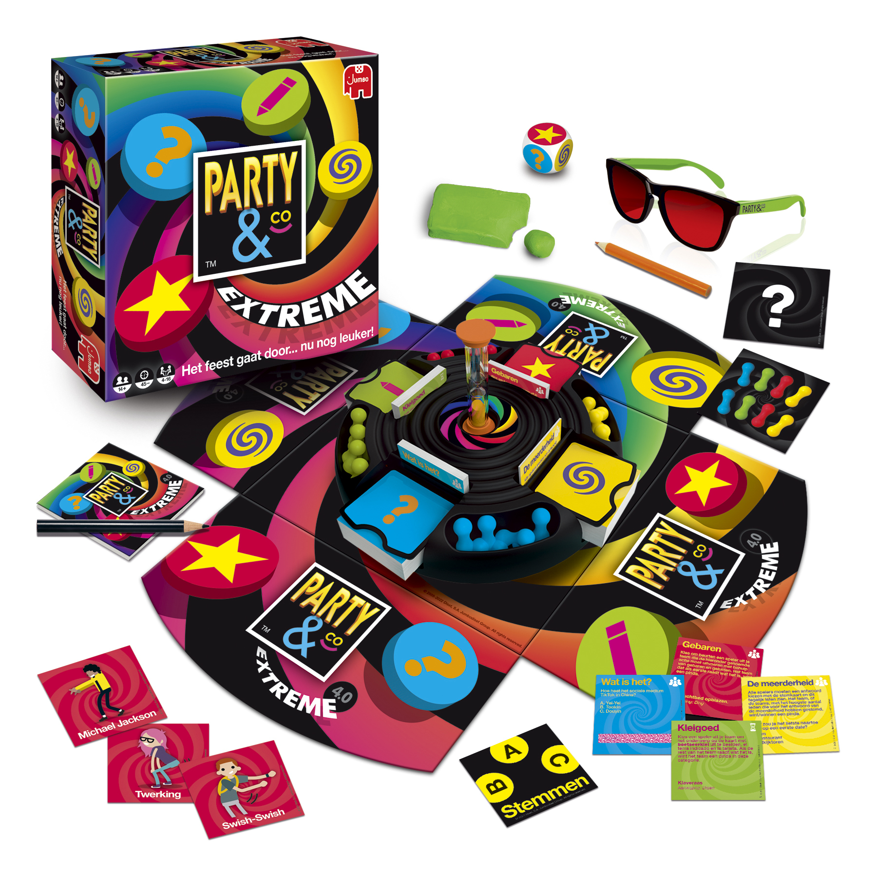 Party & Co Extreme spel met spelstukken en accessoires op tafel.