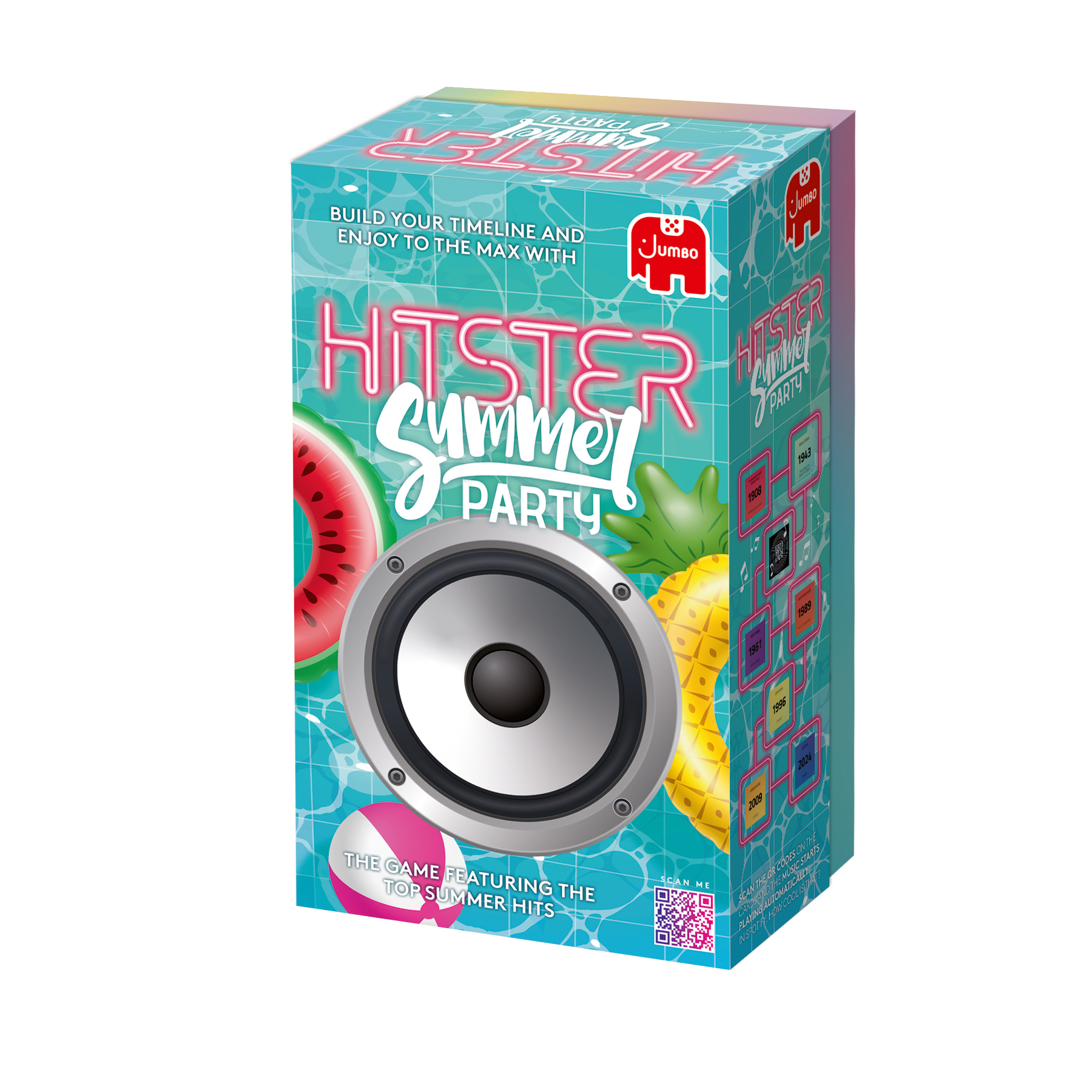 Eine bunte Spielbox mit einem Lautsprecher und einer Strand-Szene-Illustration.