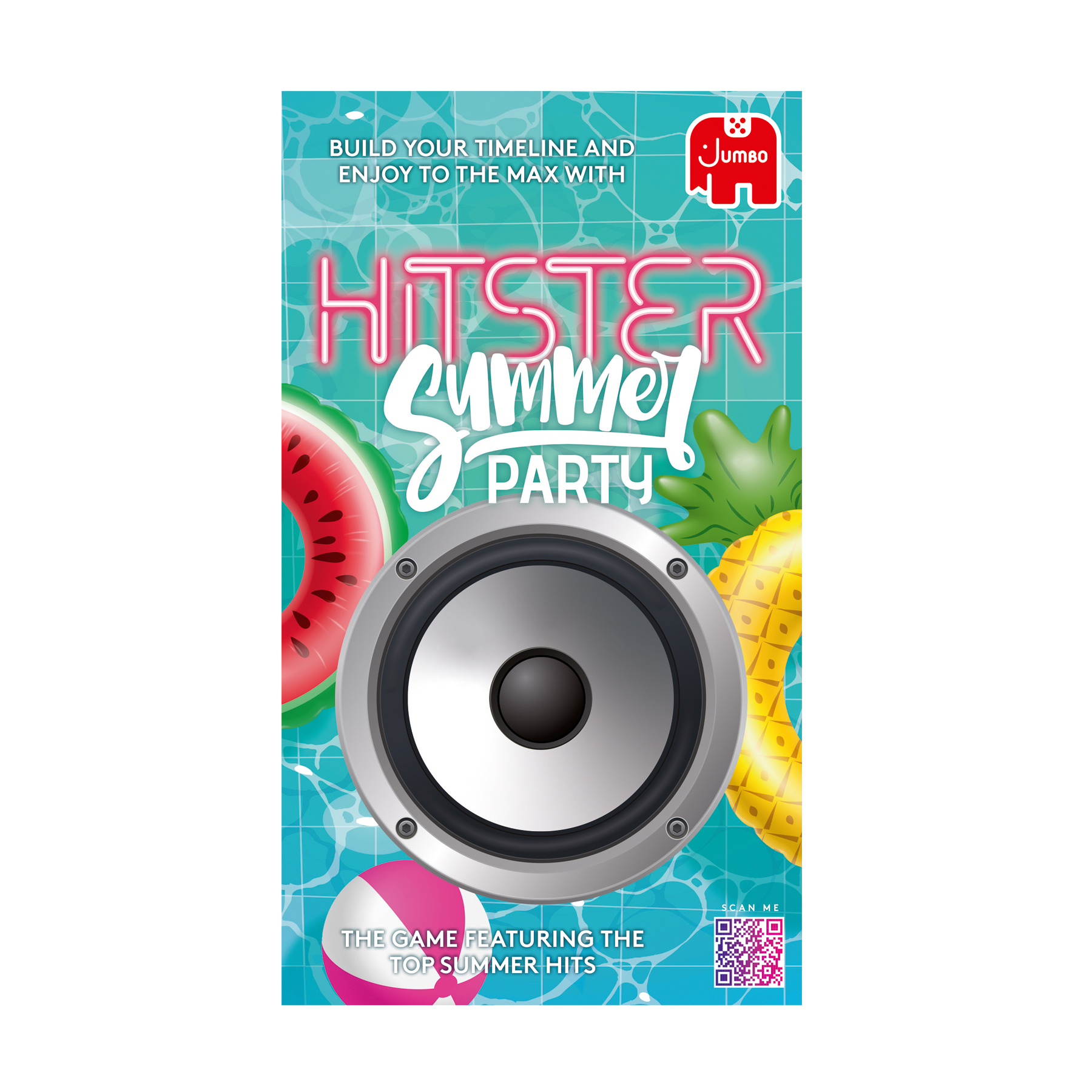 Poster für das Hitster Summer Party-Spiel. Enthält einen Lautsprecher, Wassermelone und Ananas, mit Wasserhintergrund.