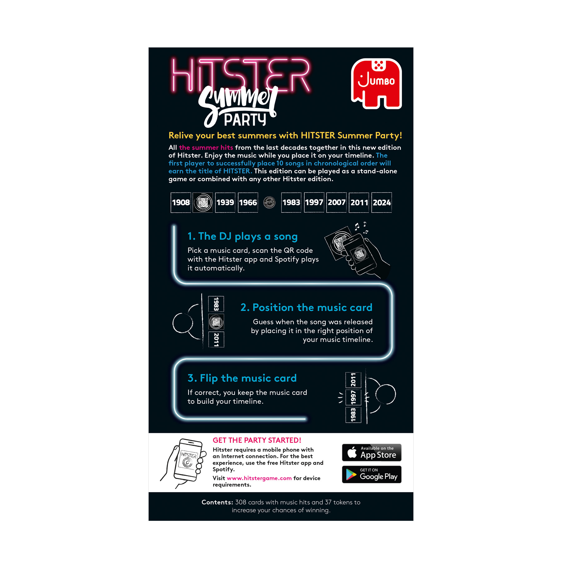 Hitster Summer Party Spielanleitung auf einem Poster. Text und Bilder erklären das Gameplay. Weißer Hintergrund.
