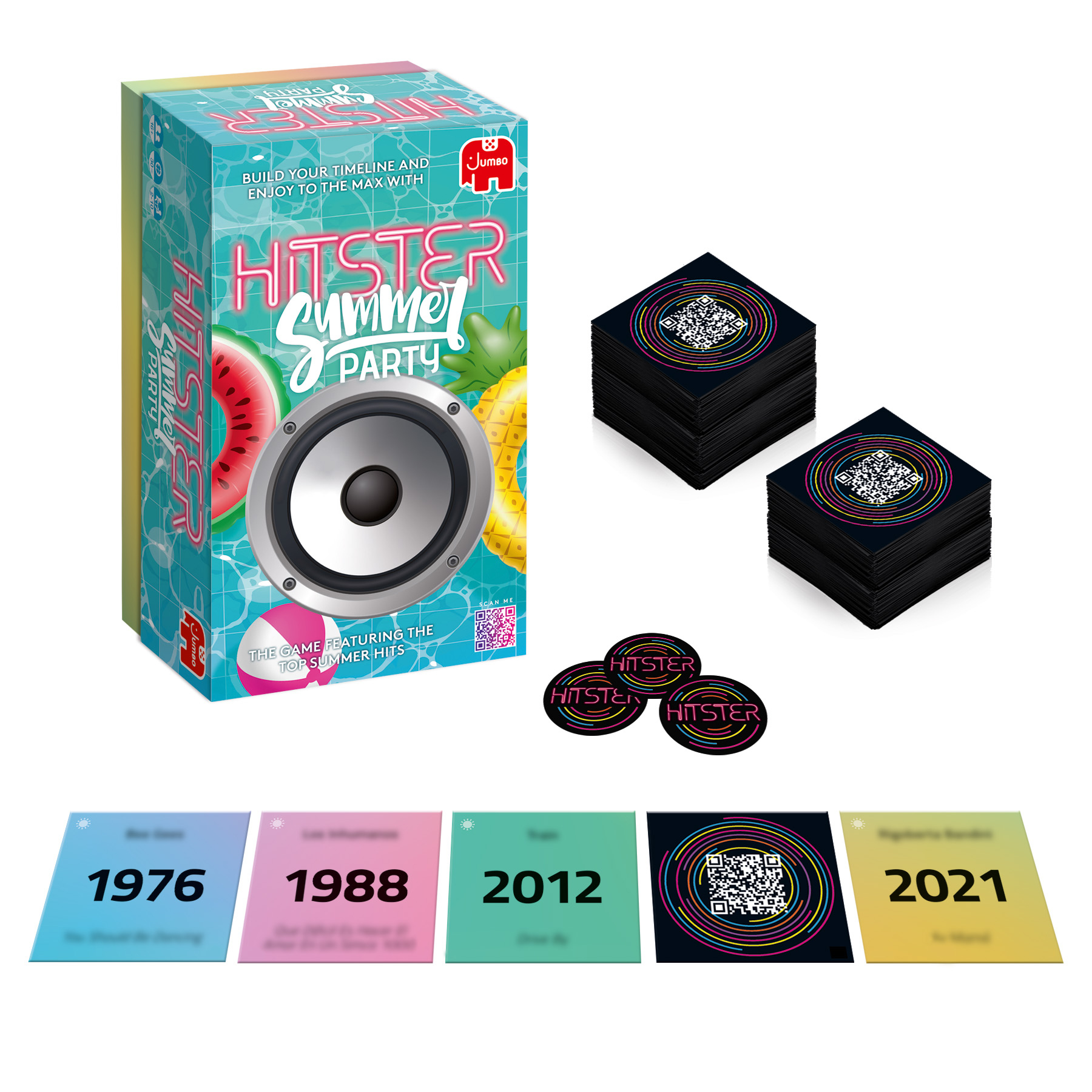 Hitster Summer Party Spielbox mit Karten und Spielsteinen. Karten zeigen Jahre und QR-Codes. Weißer Hintergrund.
