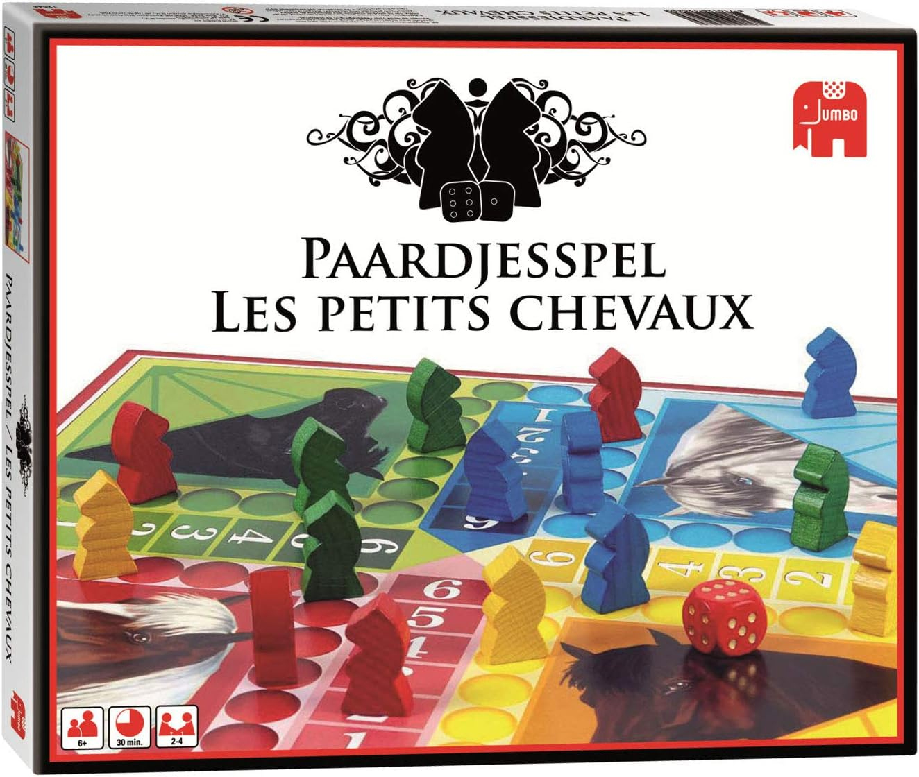 Bordspeldoos met een kleurrijk spelbord. Het bevat houten stukken en dobbelstenen.