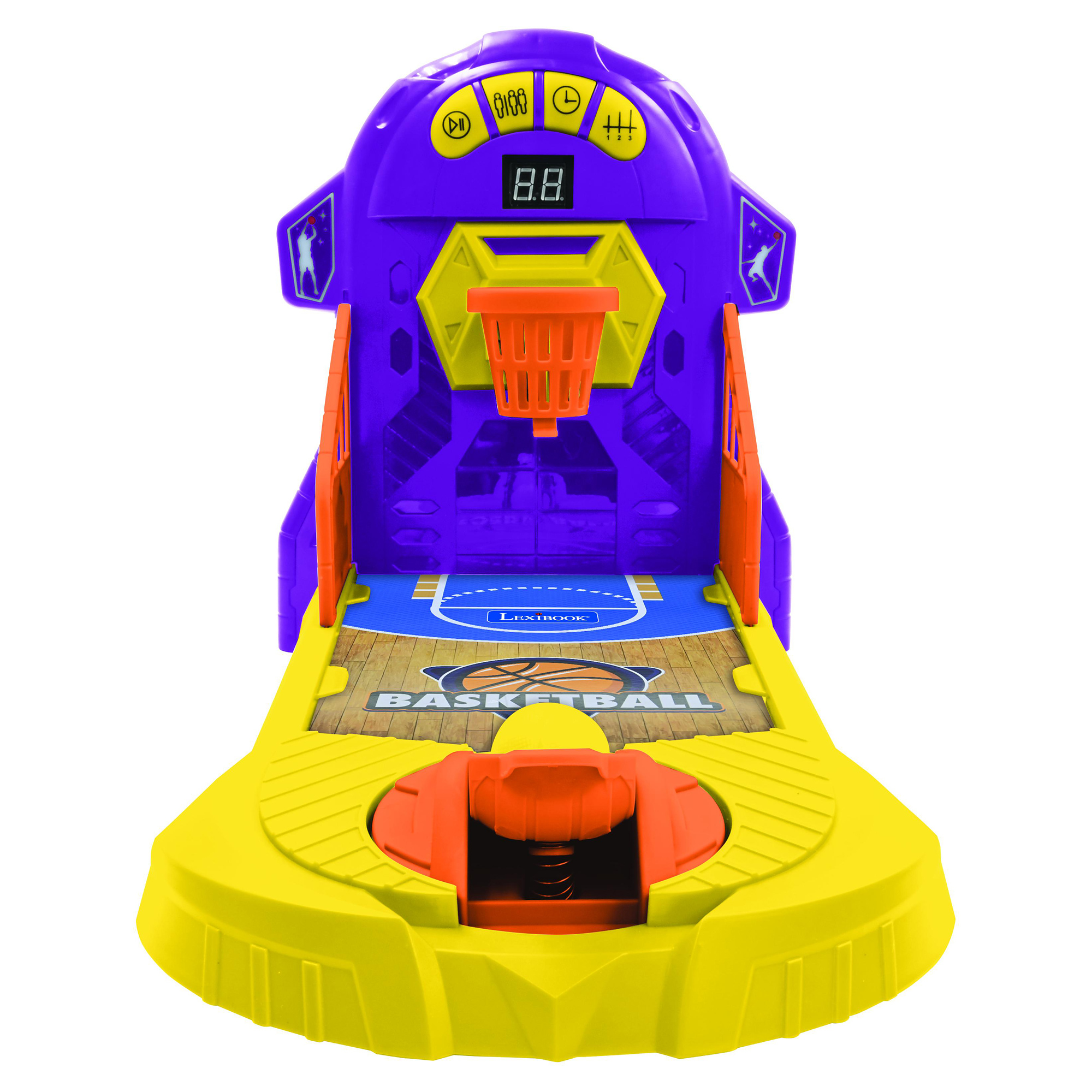 Un gioco di basket giocattolo giallo, arancione e blu. Ha una rampa, un tabellone e un canestro.