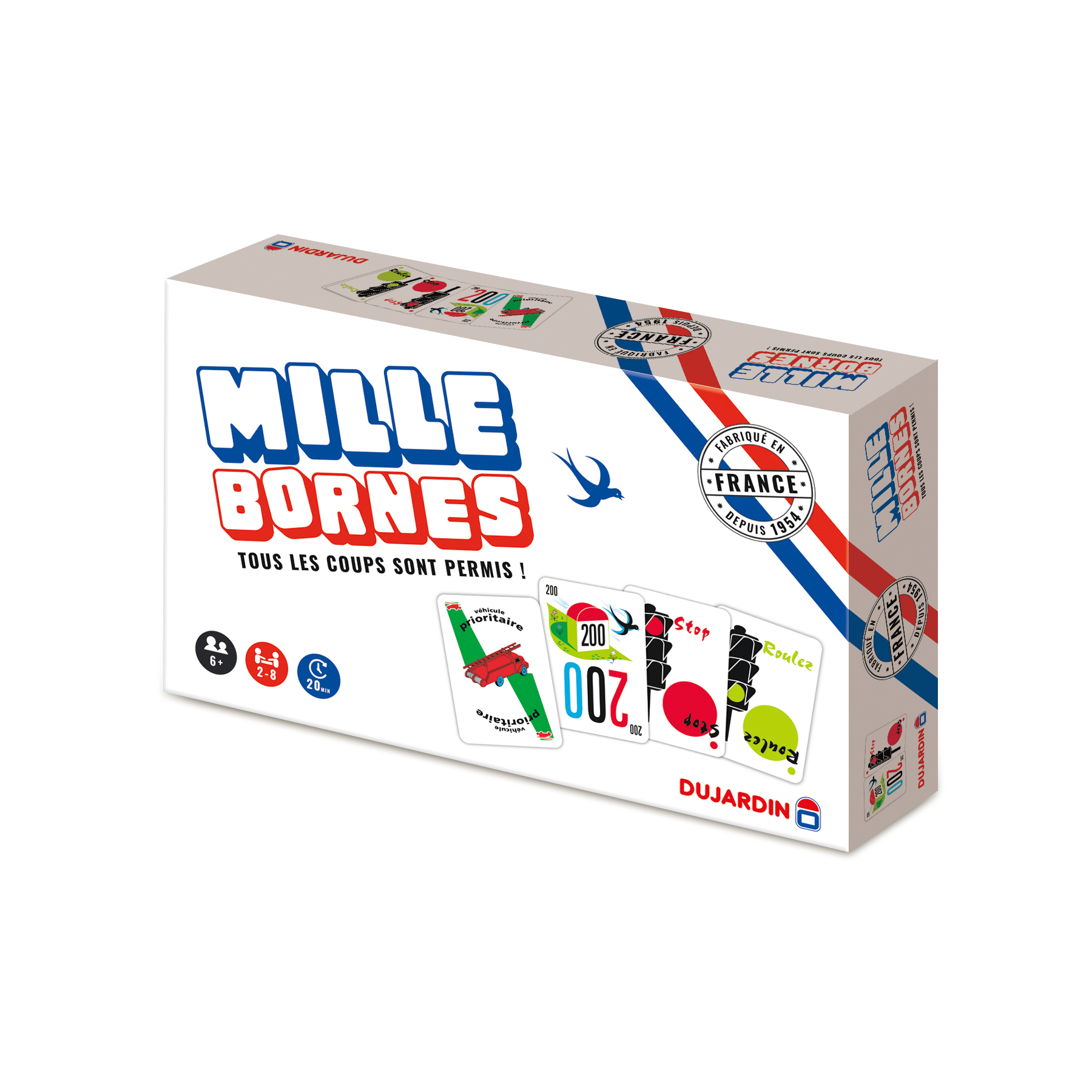 Scatola del gioco Mille Bornes, bianca con strisce rosse, blu, colori della bandiera francese e carte.
