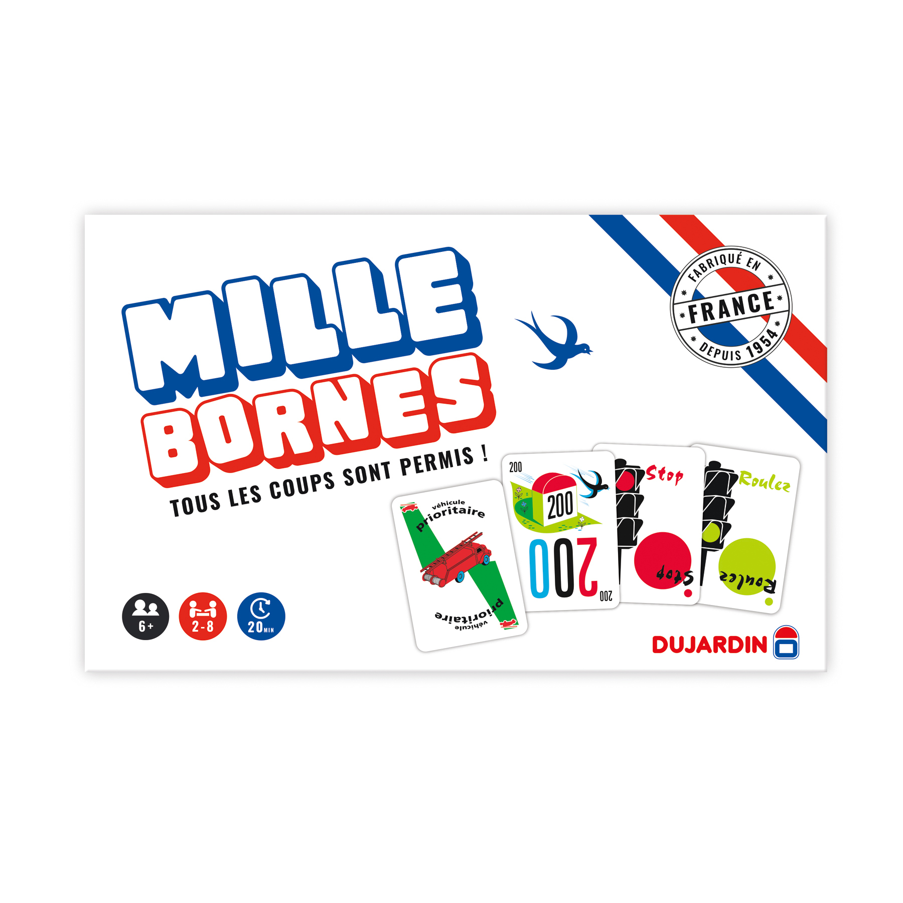 Carte del gioco Mille Bornes e logo su sfondo bianco, con il testo 'Tous les coups sont permis!'