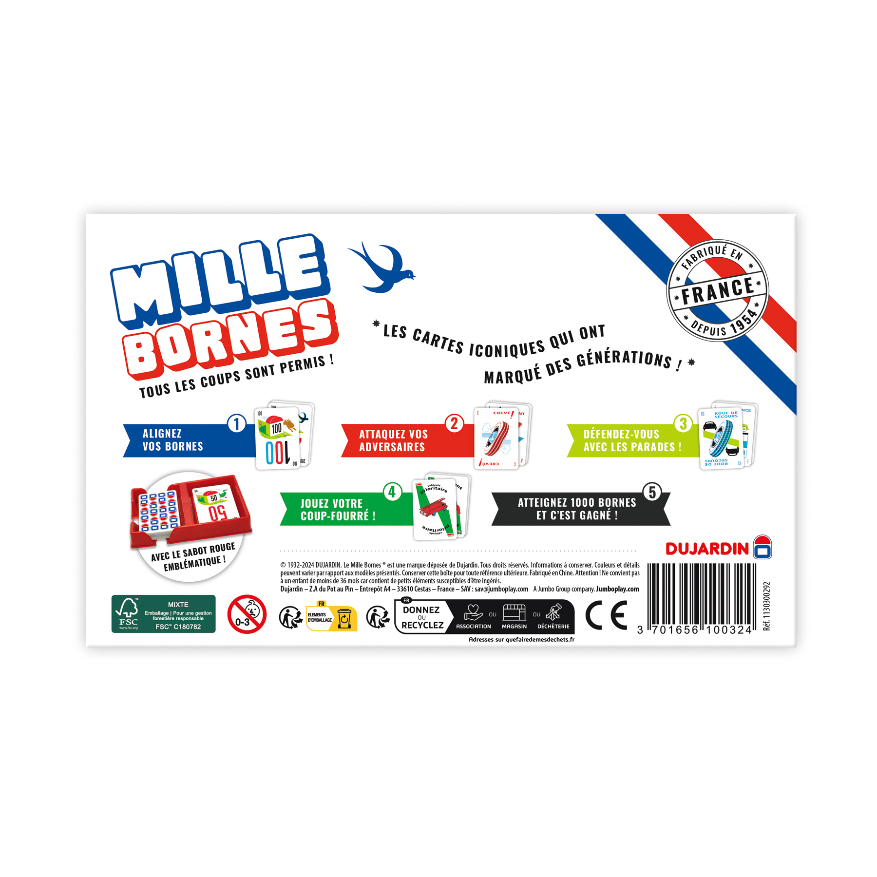 Retro della scatola del gioco Mille Bornes, che mostra carte, istruzioni e i colori della bandiera francese, con testo.