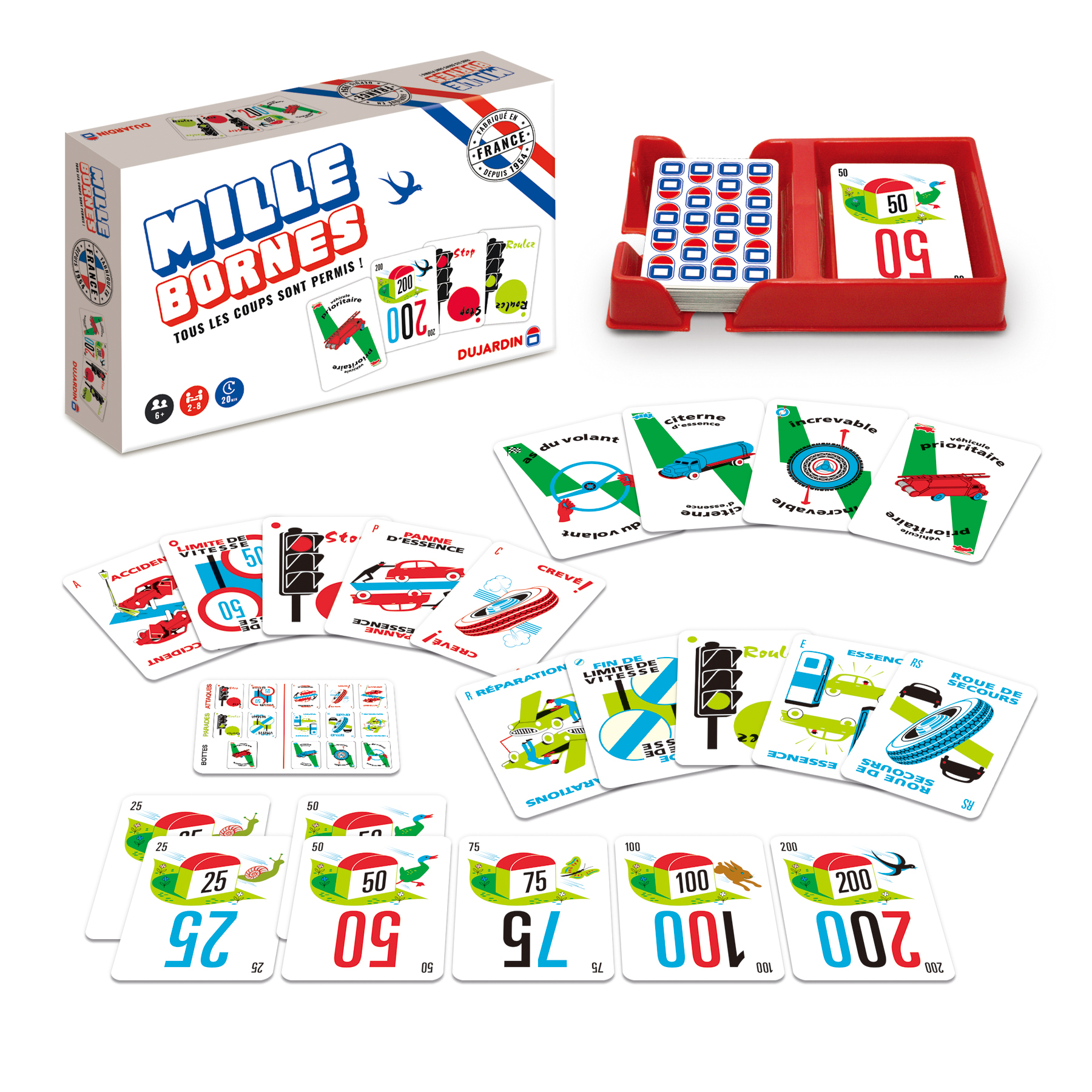 Carte del gioco Mille Bornes, vassoio rosso con carte e una scatola con il logo del gioco.