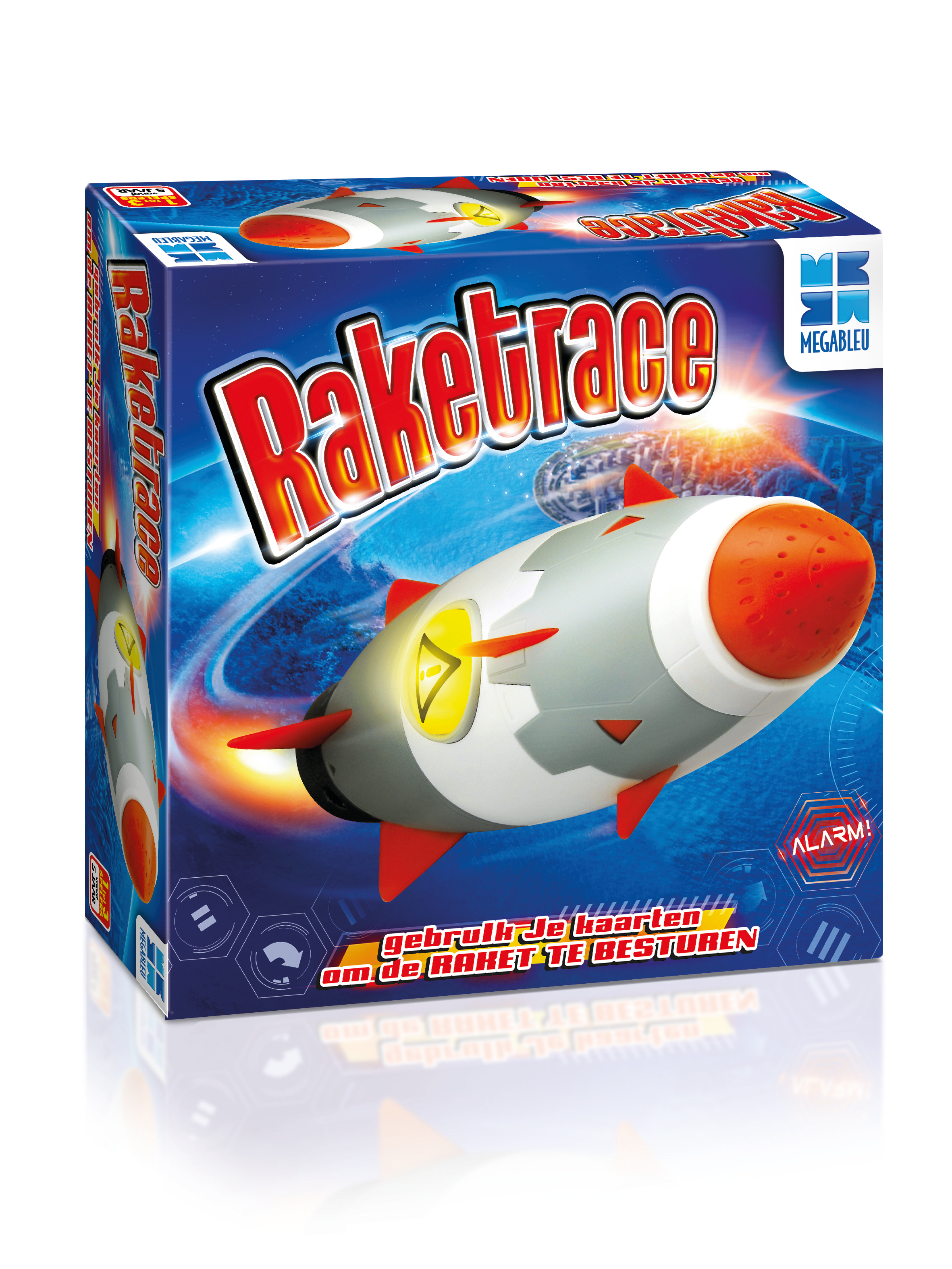 Juego de mesa 'Raketrace': cohete, fondo espacial y título del juego.