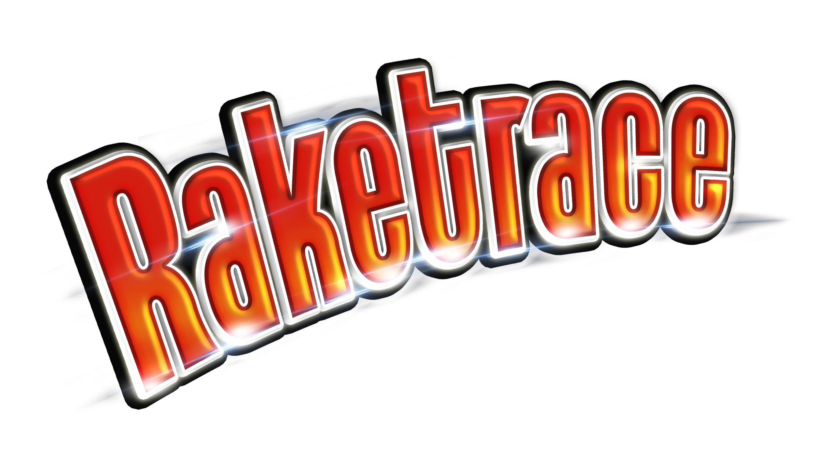 Logotipo de Raketrace. La palabra Raketrace en rojo y blanco con una ligera sombra. El fondo es blanco.