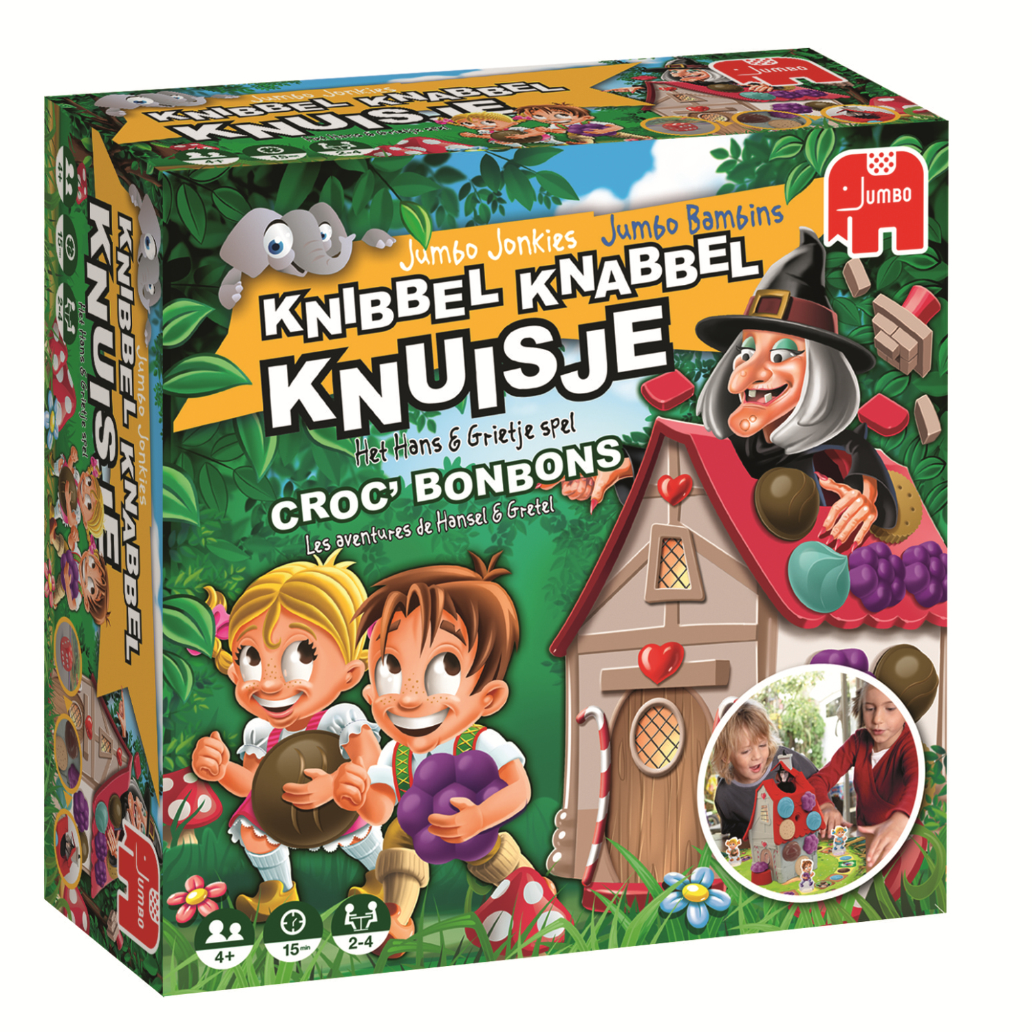 Spelbox met een heks, kinderen en een huisillustratie. Tekst is in het Nederlands. Het spel is voor kinderen.