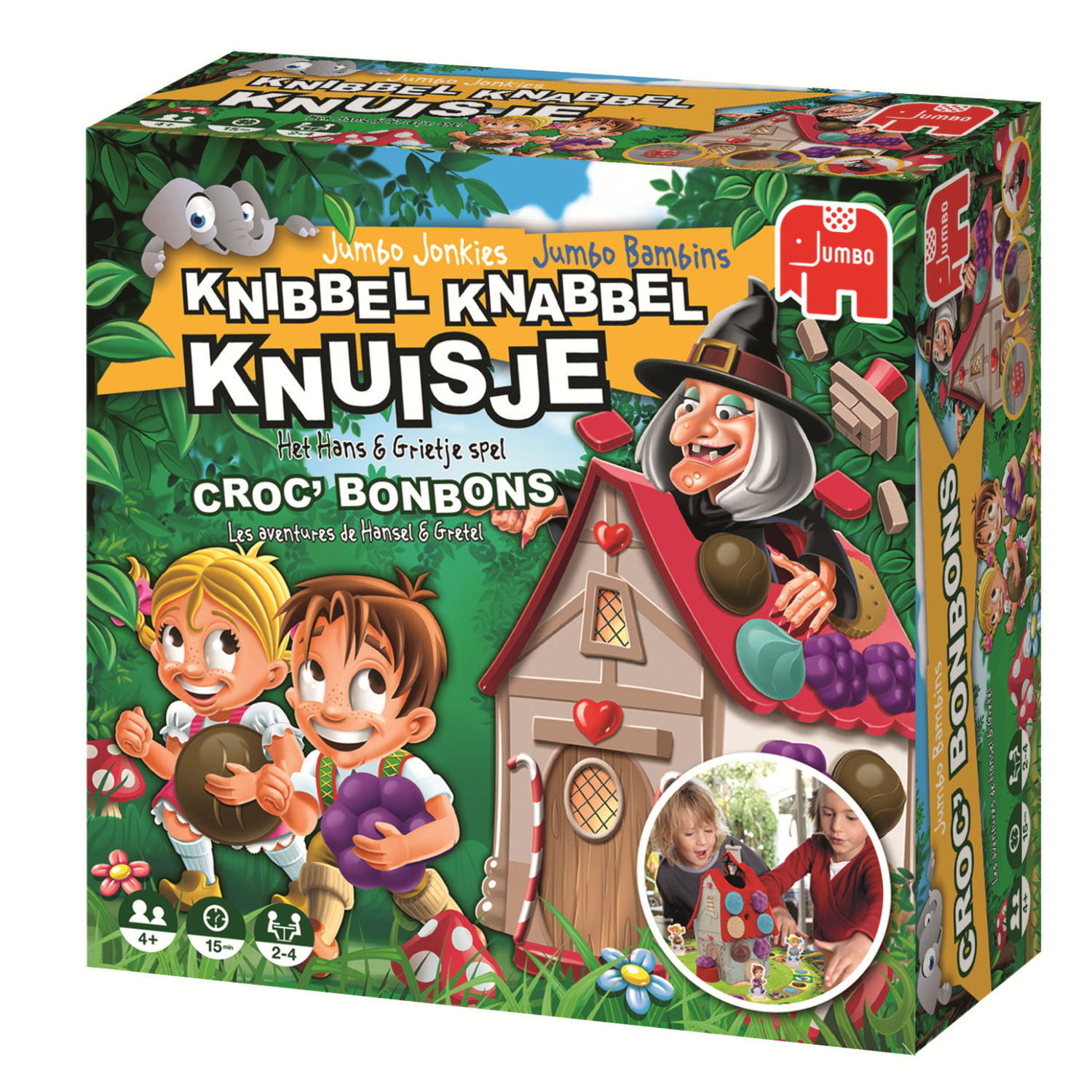 Spelbox met een heks en kinderen. Het spel is in het Nederlands. De doos toont een huis en snoepjes.