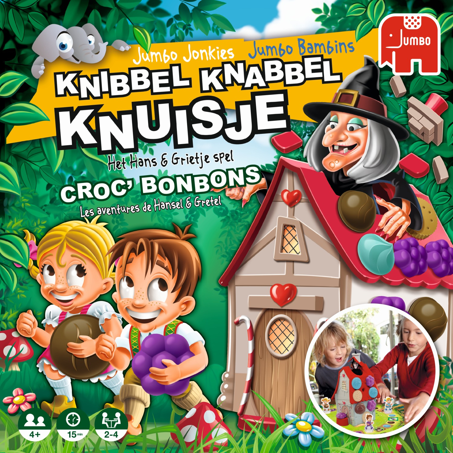 Bordspeldoos met illustraties van kinderen en een heks voor een huis.