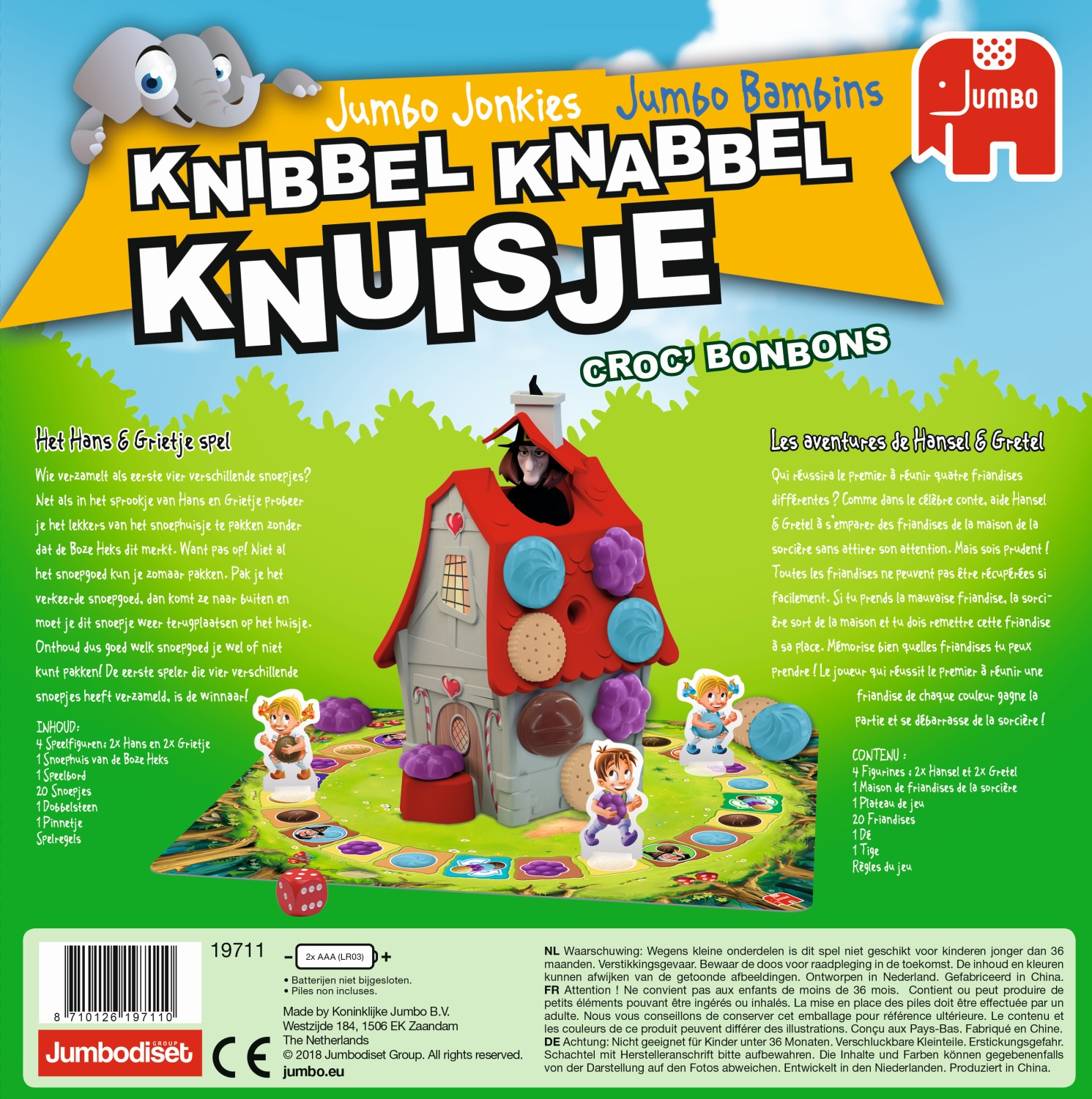 Spelbox met een huis, figuren en tekst in het Nederlands. De doos toont een heks en kinderen.