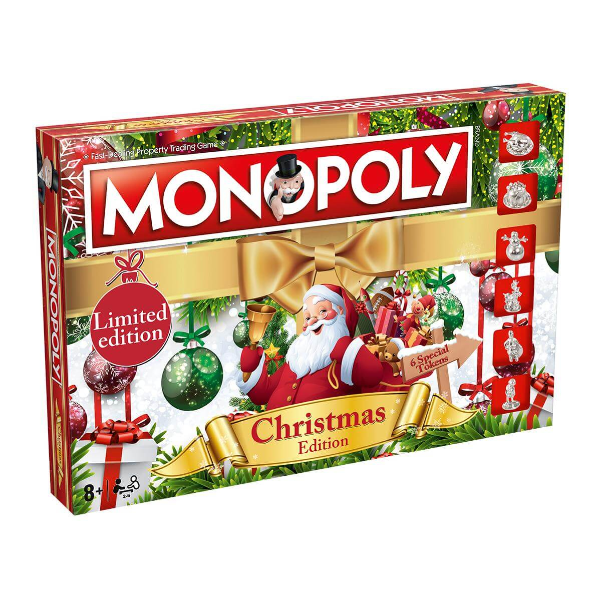 Monopoly kersteditie speldoos. Kerstman en kerstversieringen worden weergegeven.