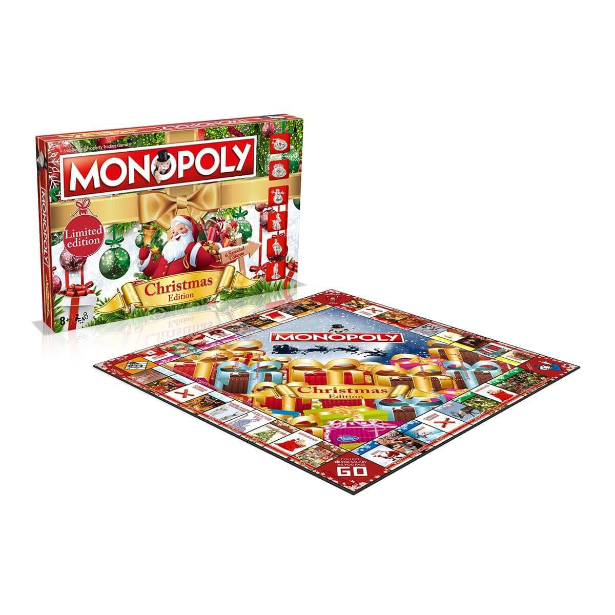 Monopoly Christmas Edition speldoos en bord. De Kerstman en kerstversieringen staan centraal.