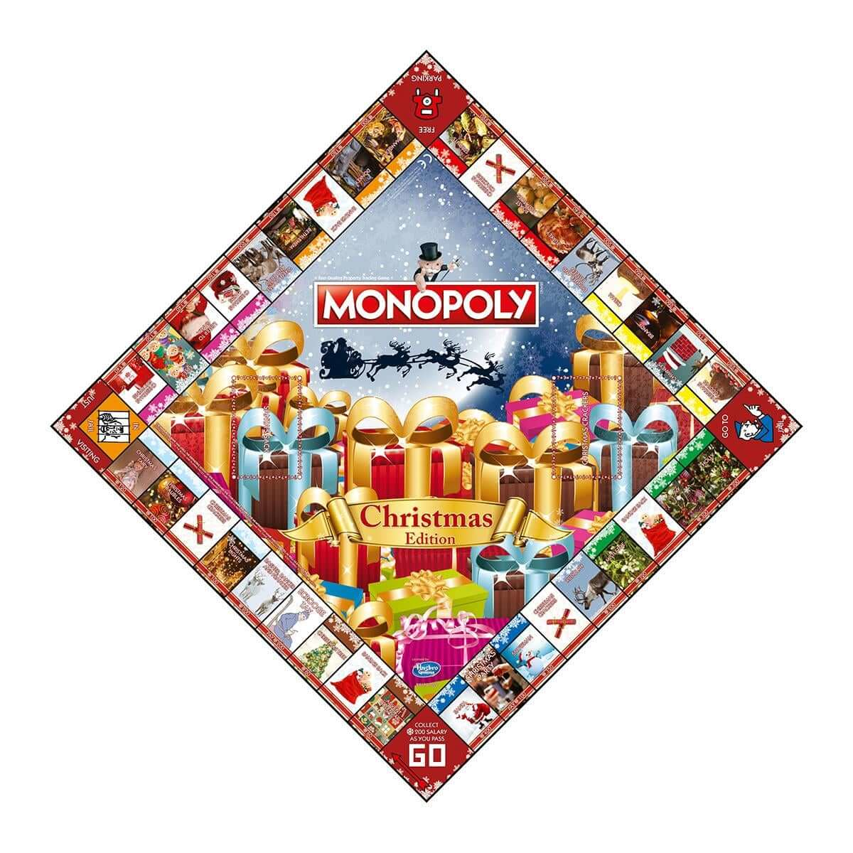 Monopoly Christmas Edition spelbord. Cadeaus, de kerstman, sneeuw en een kerstthema worden getoond.