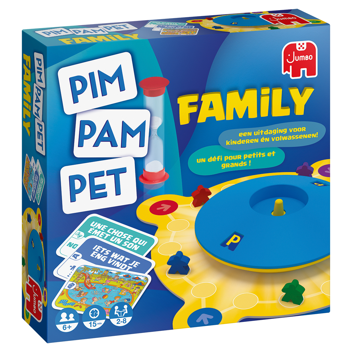 Pim Pam Pet Family speldoos. Blauw en geel ontwerp met een spelbord en diverse spelstukken.