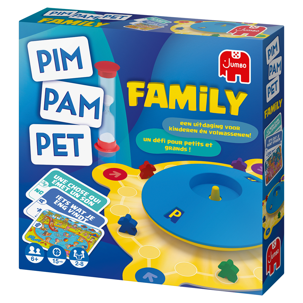 Doos van het familiespel, met het spelbord op de achtergrond.