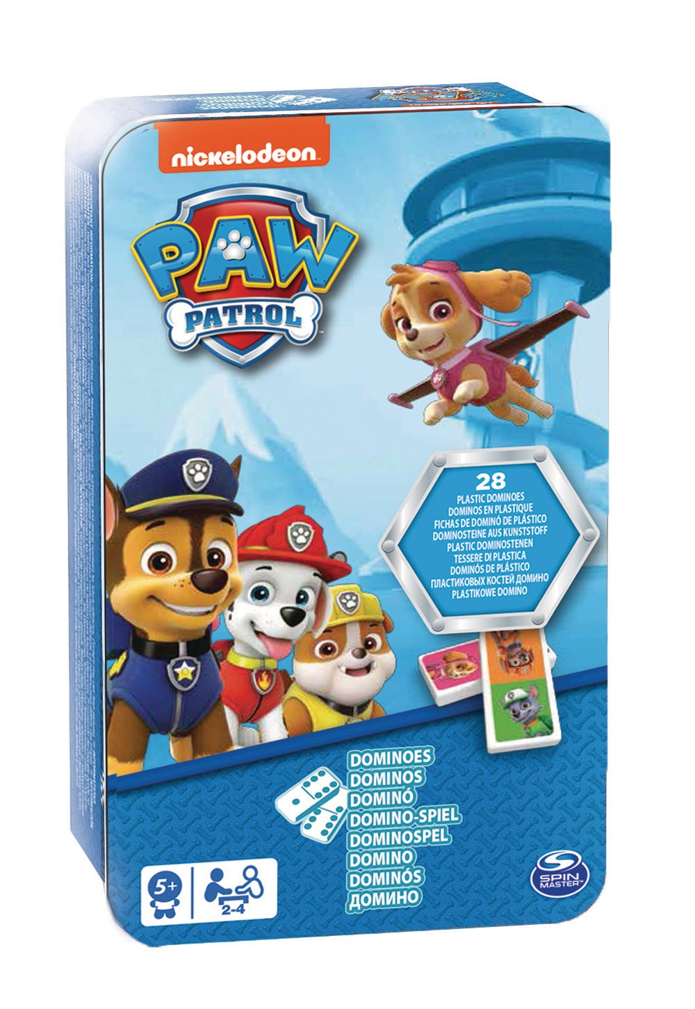Pudełko z domino z Psiego Patrolu, z postaciami z kreskówek, z widocznymi kostkami domina i kośćmi.