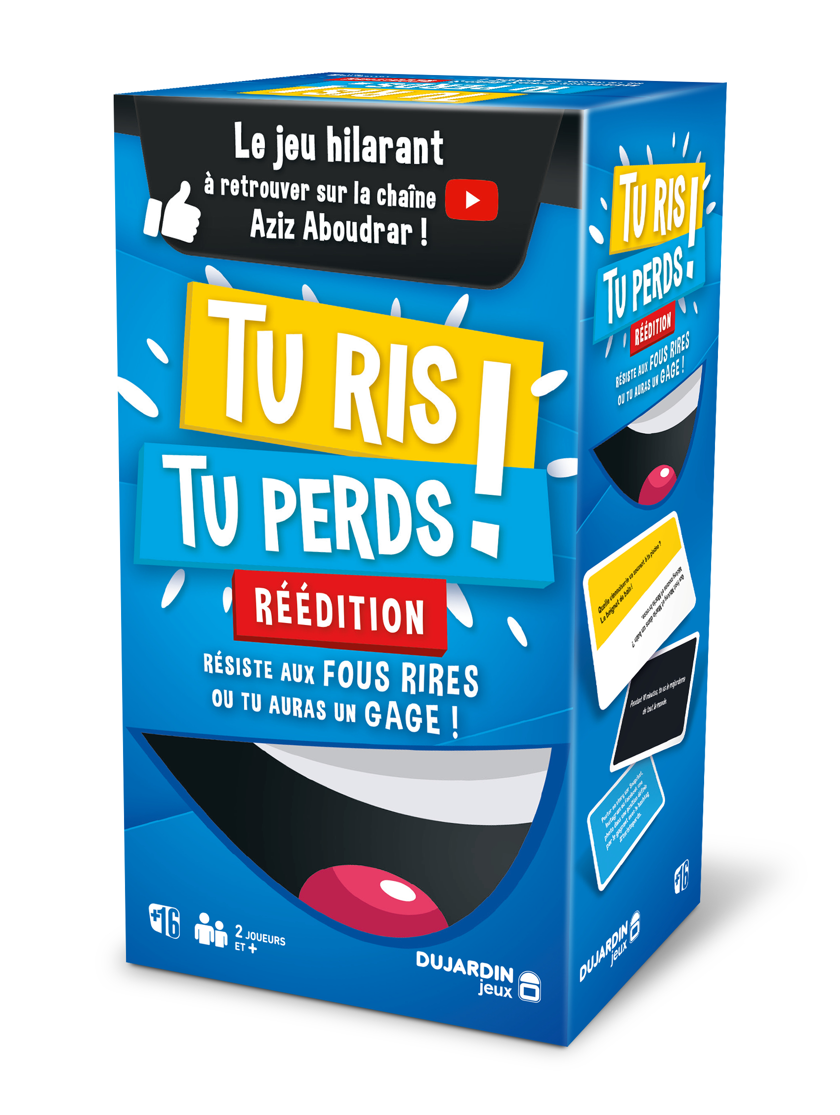 Tu Ris! Tu Perds! Brettspielbox; blaue Box mit Spieltitel und Gesichtern.