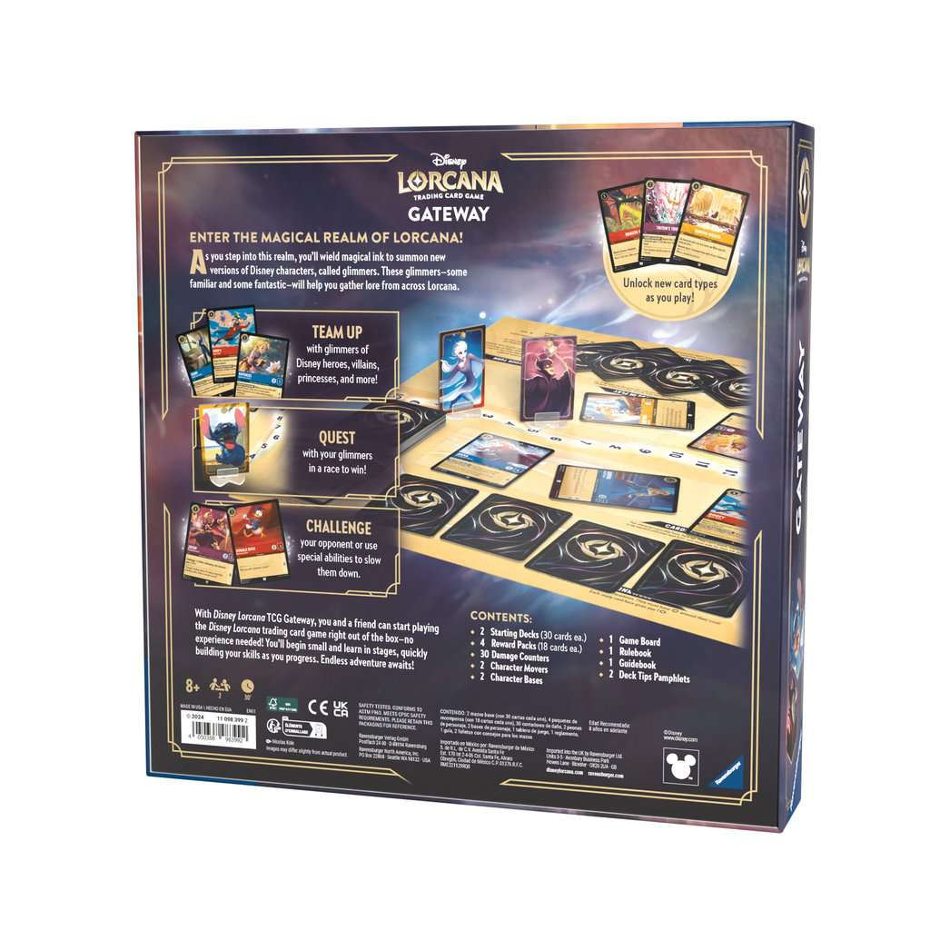 Retro della scatola del gioco di carte collezionabili Disney Lorcana Gateway. Il contenuto del gioco è mostrato.