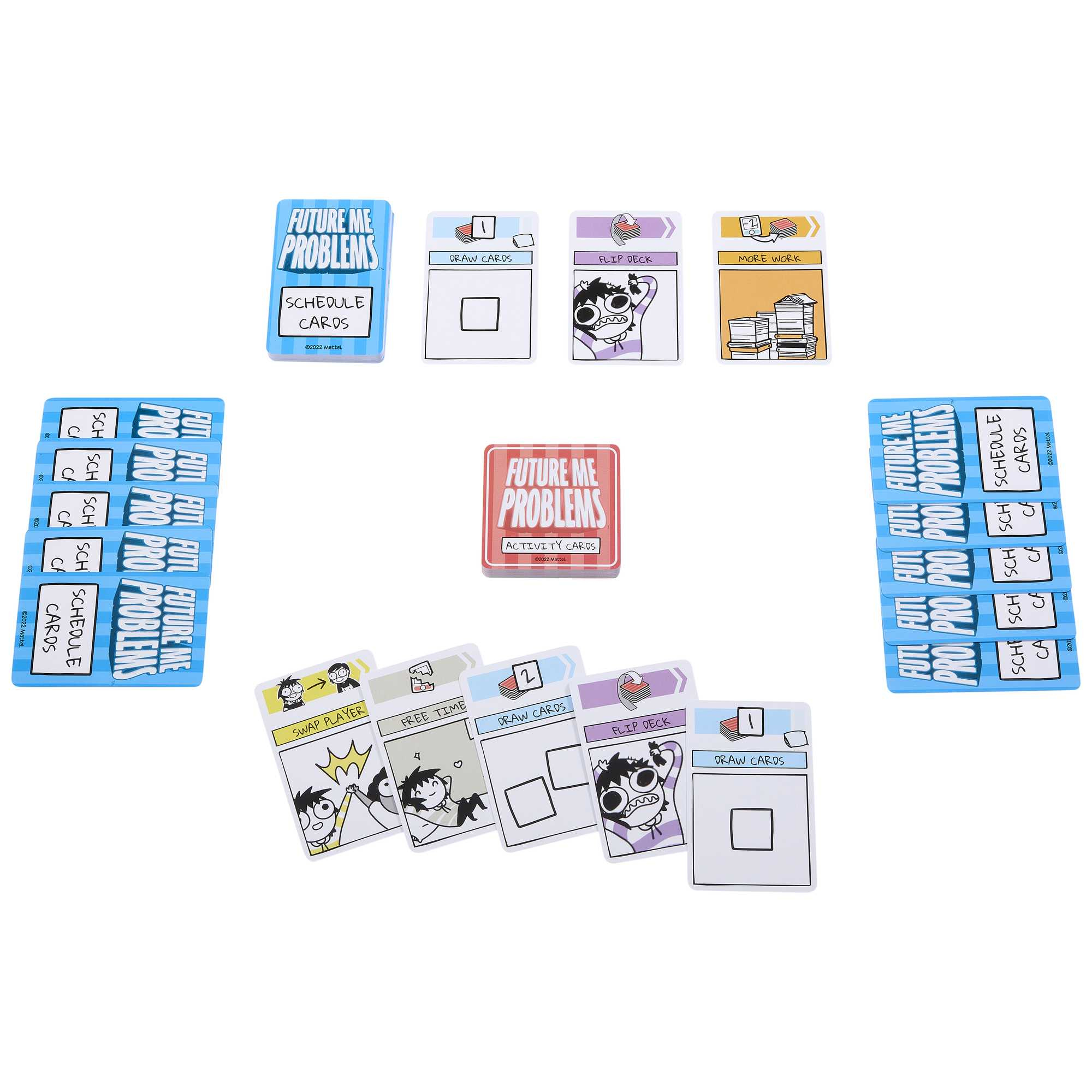 Ein Spiel mit Karten. Die Karten sind in Reihen angeordnet, mit dem Namen des Spiels auf der zentralen Karte.