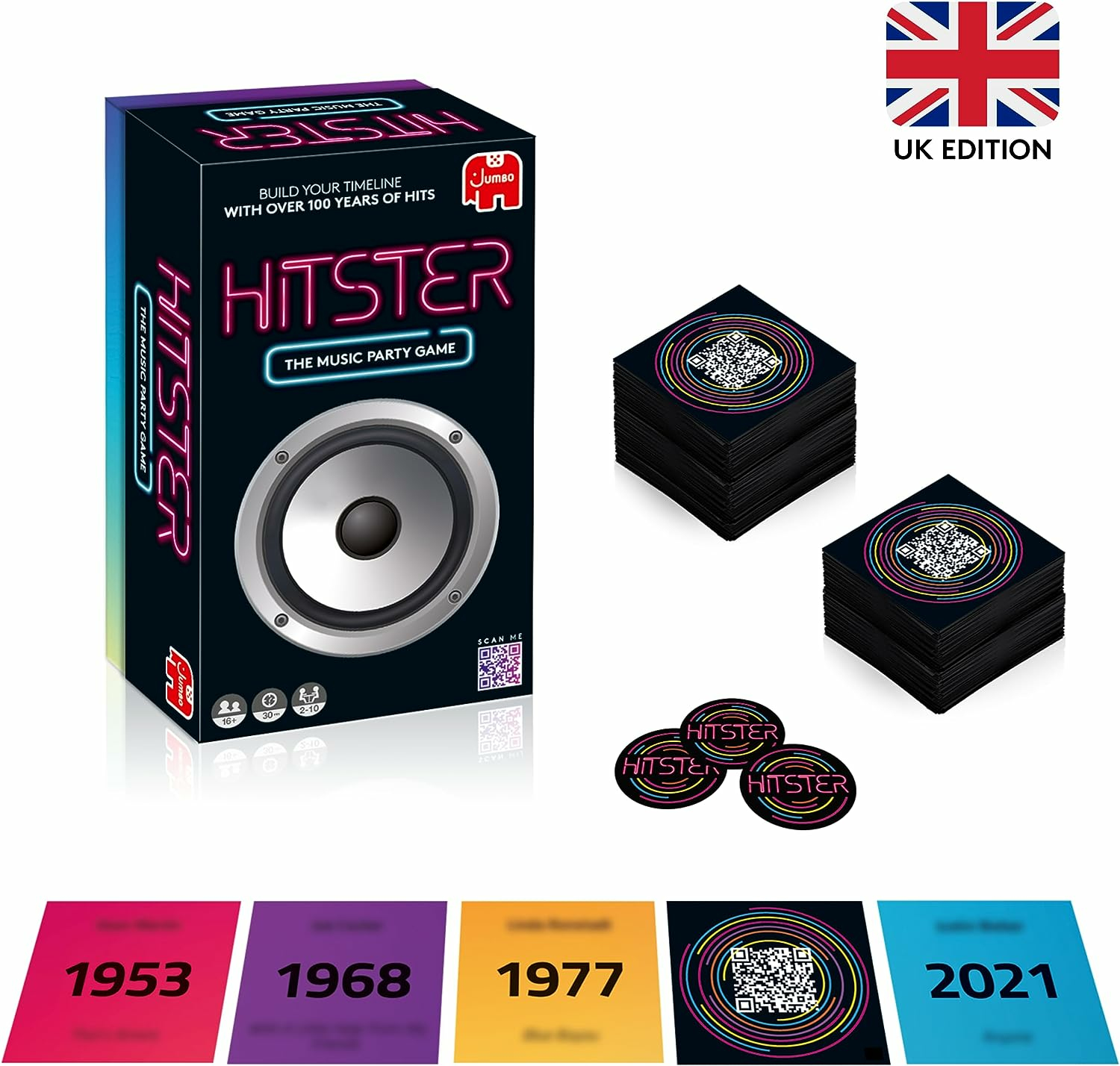 Eine Musik-Party-Spielbox mit Karten und Spielsteinen. Die Box hat eine Lautsprecher-Illustration und Text.