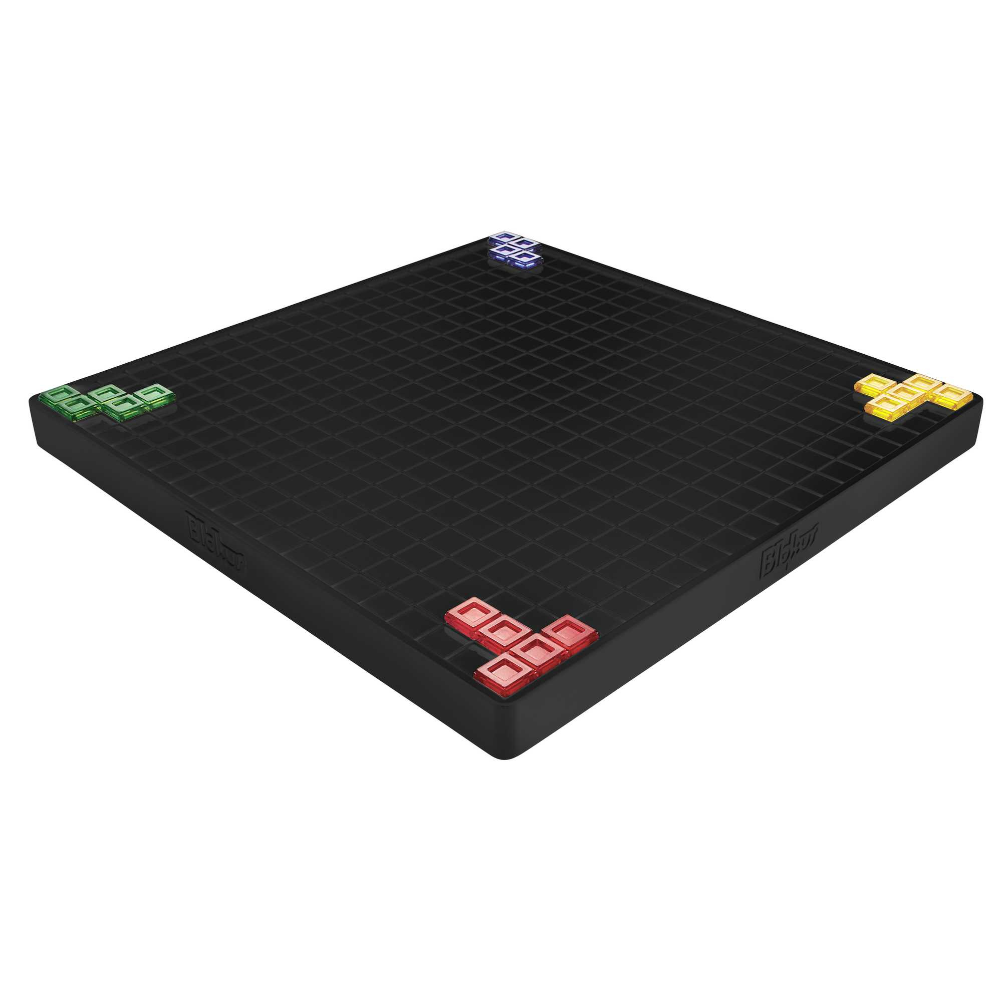 Ein schwarzes Blokus-Spielbrett mit farbigen Blöcken in jeder Ecke, bereit zum Spielen.