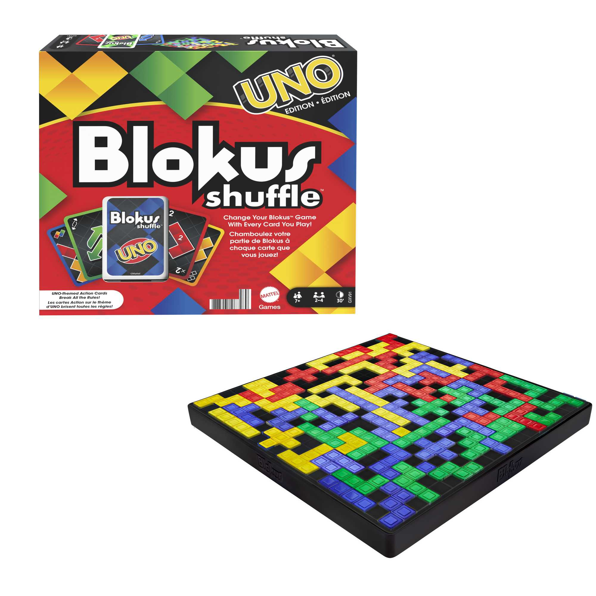 Blokus Shuffle Spielbox und Spielbrett mit bunten Blöcken.