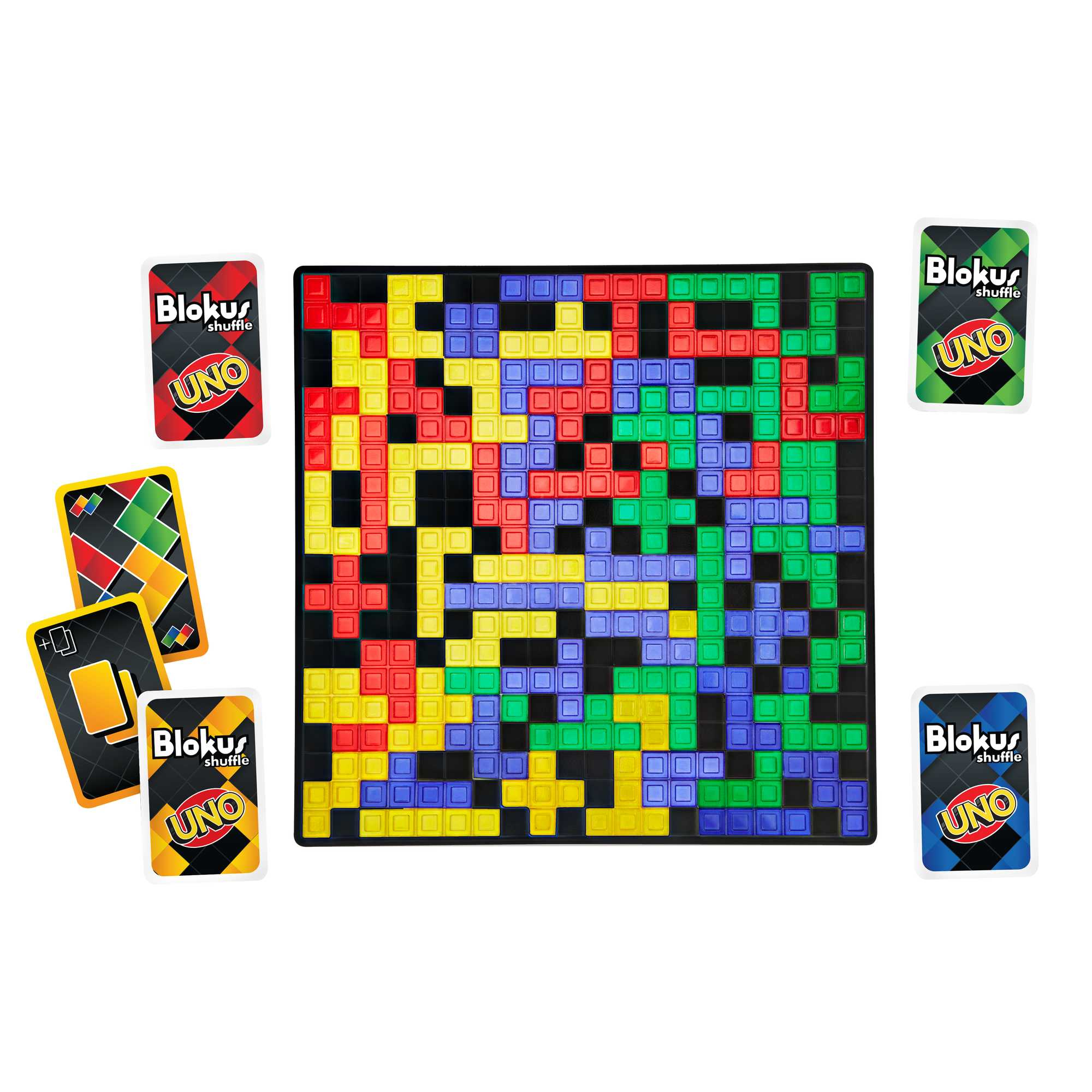 Blokus Shuffle UNO Spielkarten mit Blokus Spielbrett und anderen UNO Karten, ausgelegt.
