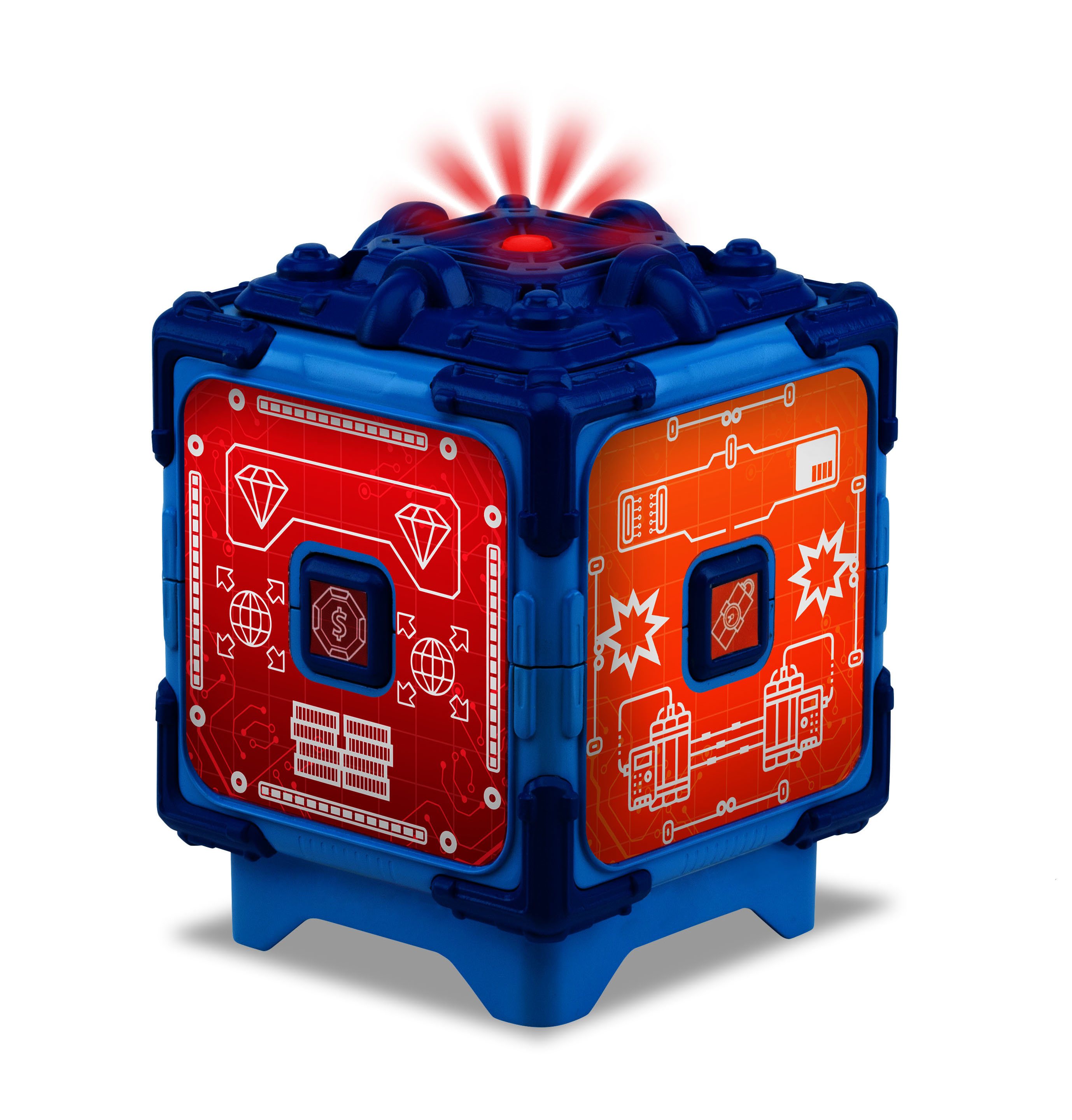 Eine blaue Spielbox mit roten und orangen Paneelen, die Schaltkreise und Edelsteine zeigen.