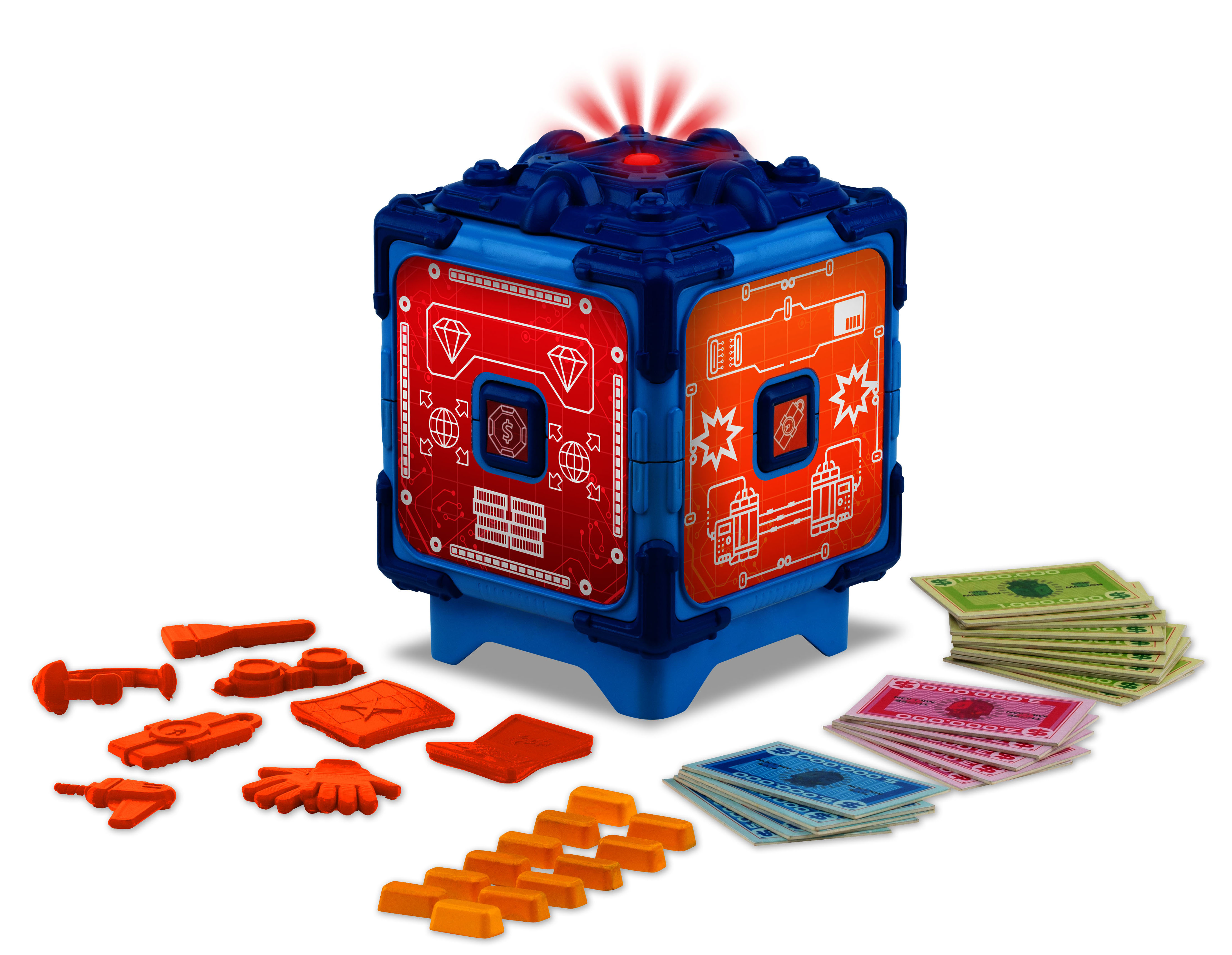 Ein blauer Spielzeugsafe mit rotem, beleuchtetem Deckel und verstreutem Geld und Goldbarren.