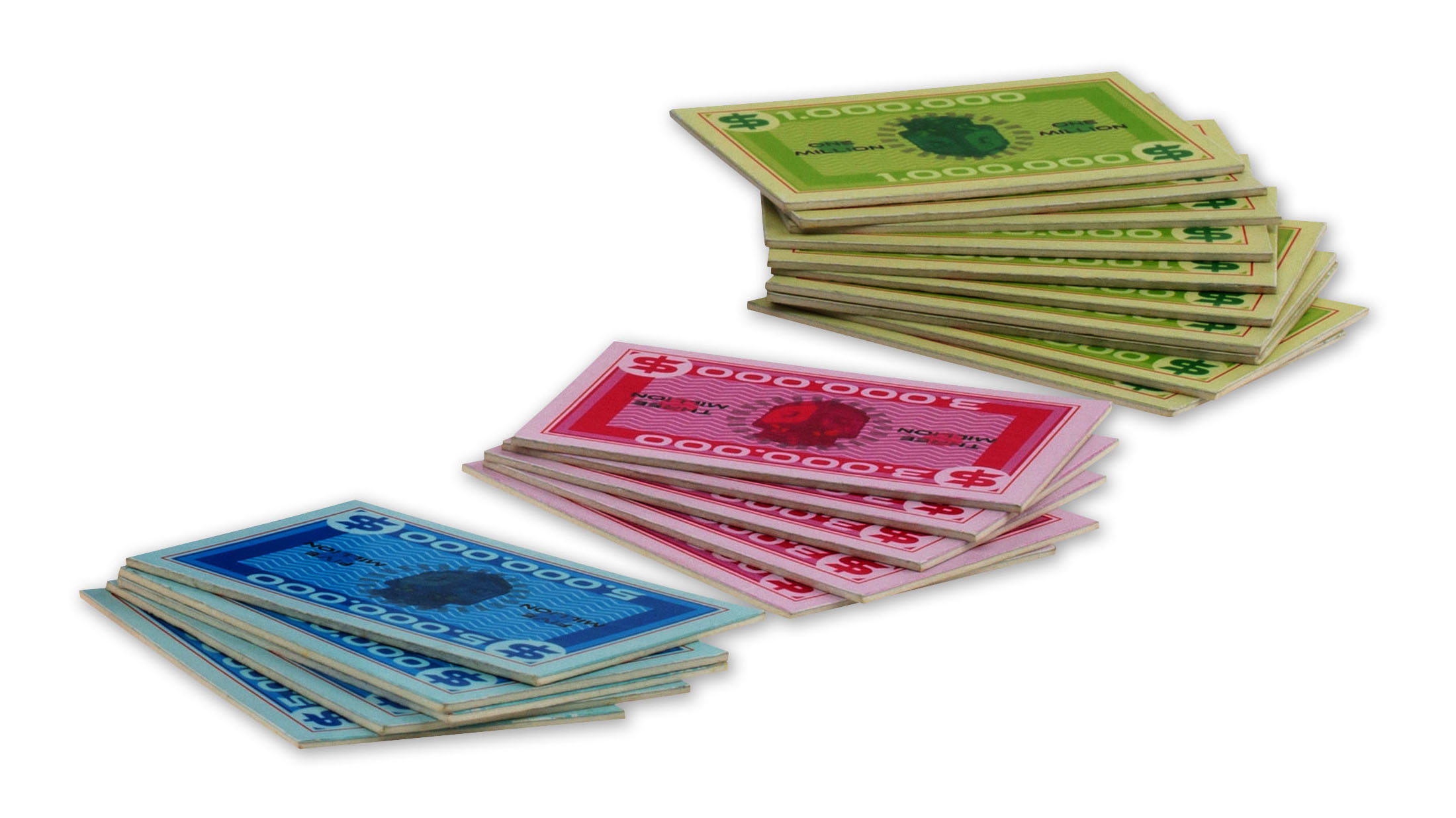 Stapel Spielgeld in Grün, Rosa und Blau.