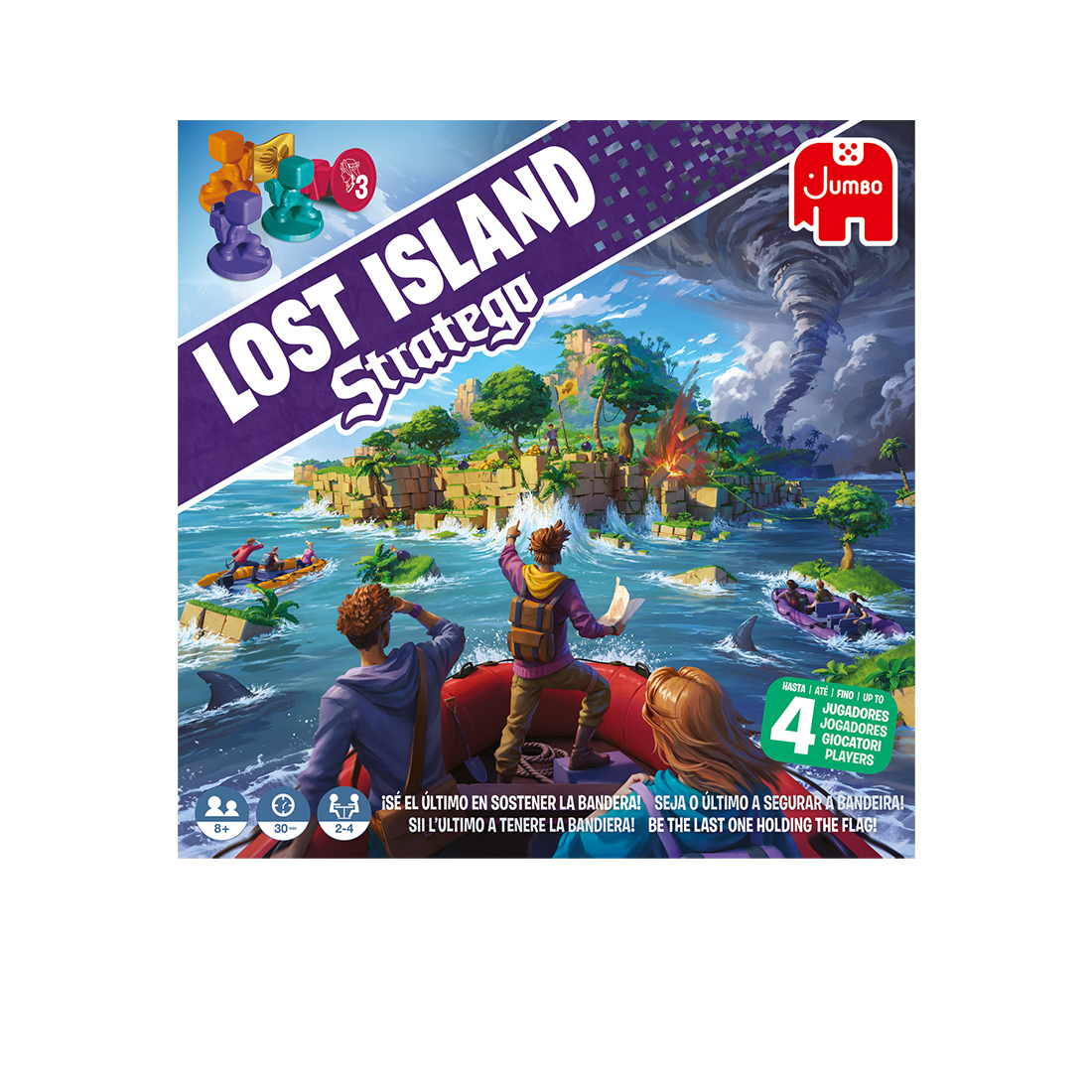 Pudełko gry Lost Island Stratego ze sceną burzliwego morza i figurkami.