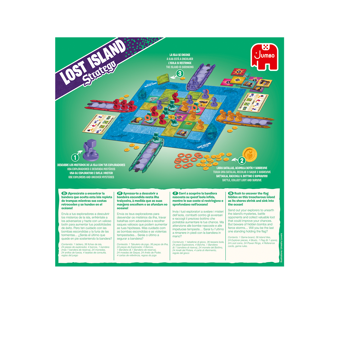 Plansza do gry Lost Island Stratego z łodziami, figurkami i tłem burzliwego morza.