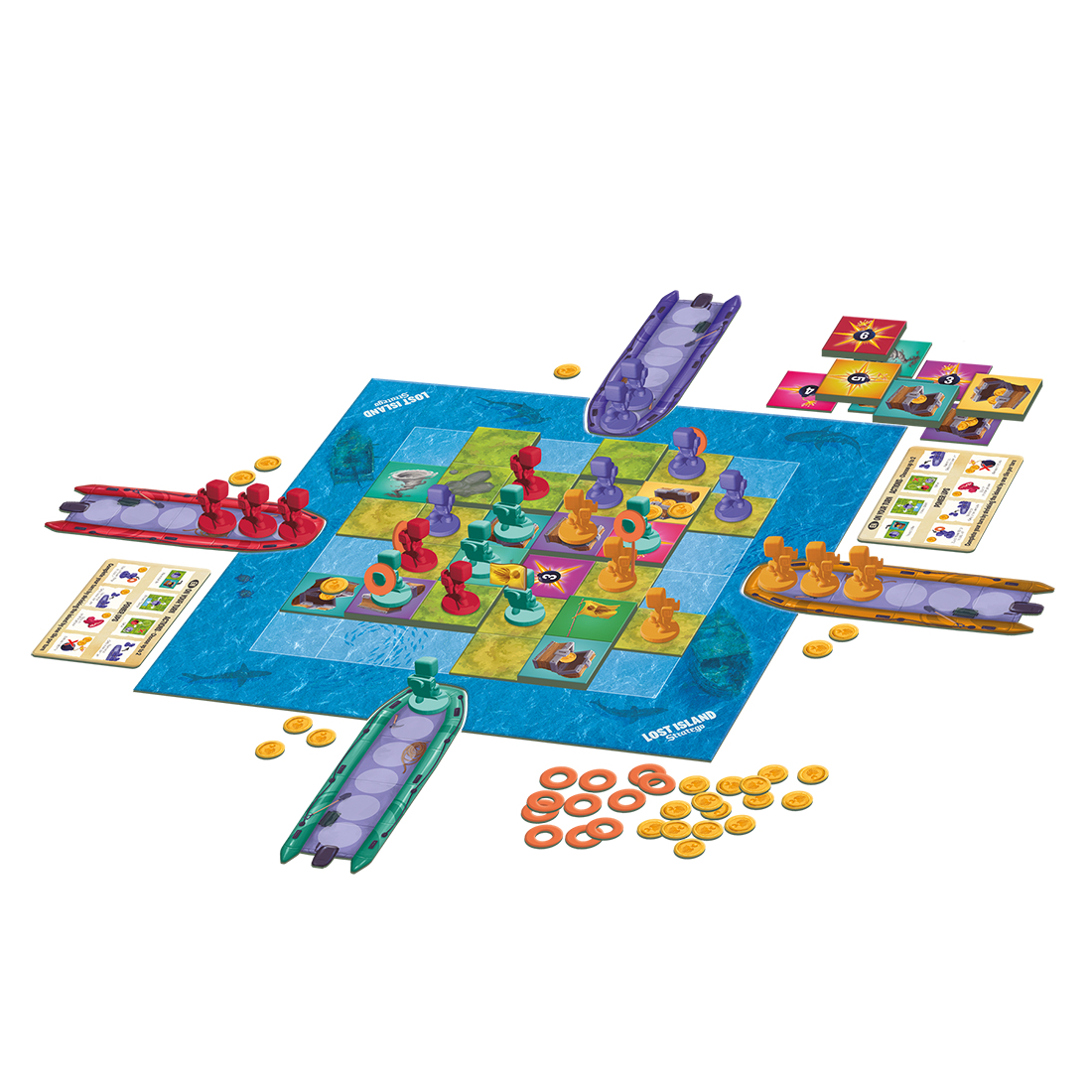 Plansza do gry Lost Island Stratego z łodziami, figurkami i monetami na niebieskim tle.