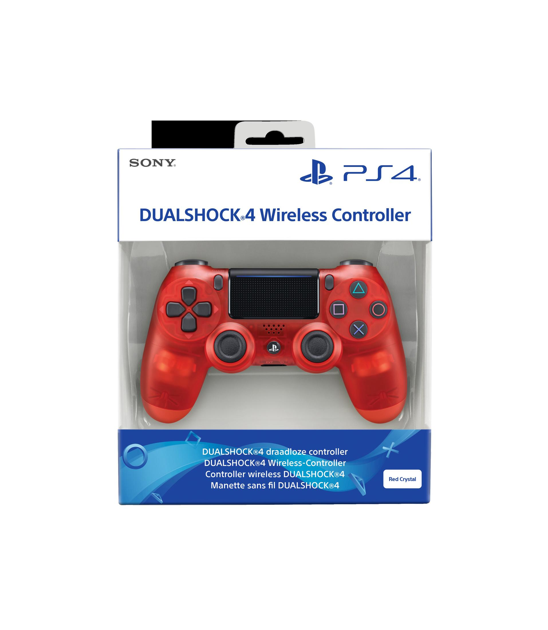 Ein roter, transparenter Dualshock 4 Wireless-Controller in seiner Verpackung, mit dem Sony-Logo.