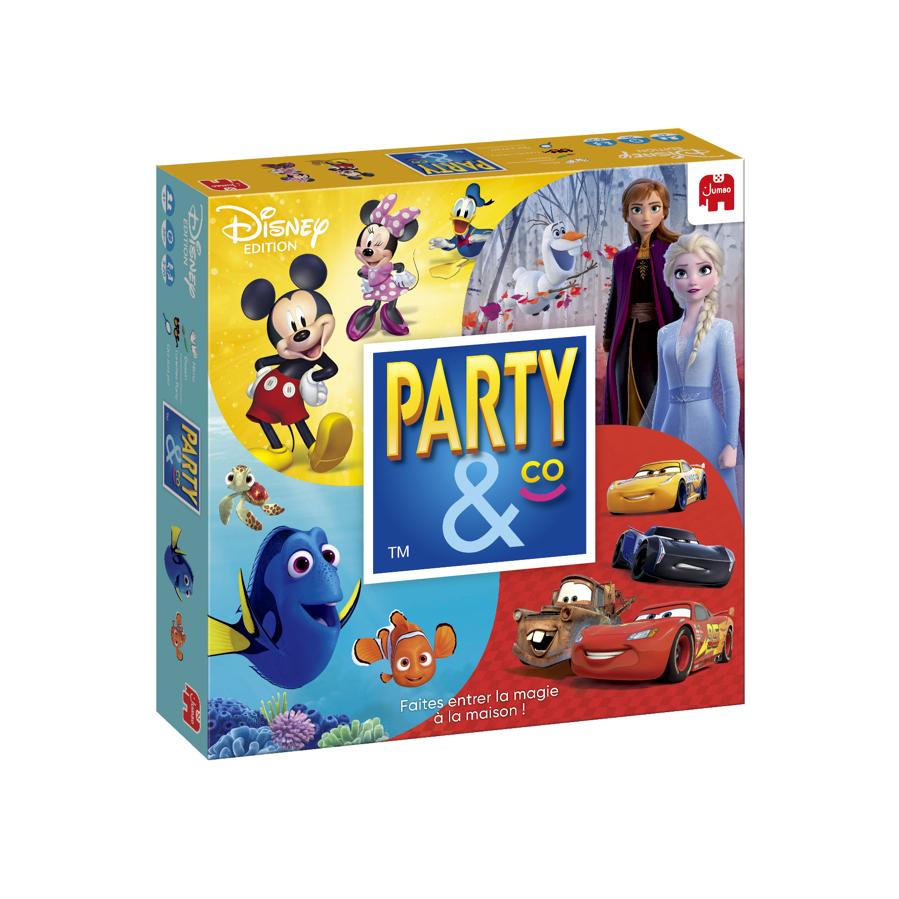 Disney Party & Co gamebox. Mickey, Minnie, Donald en Cars personages. Achtergrond toont Frozen personages.
