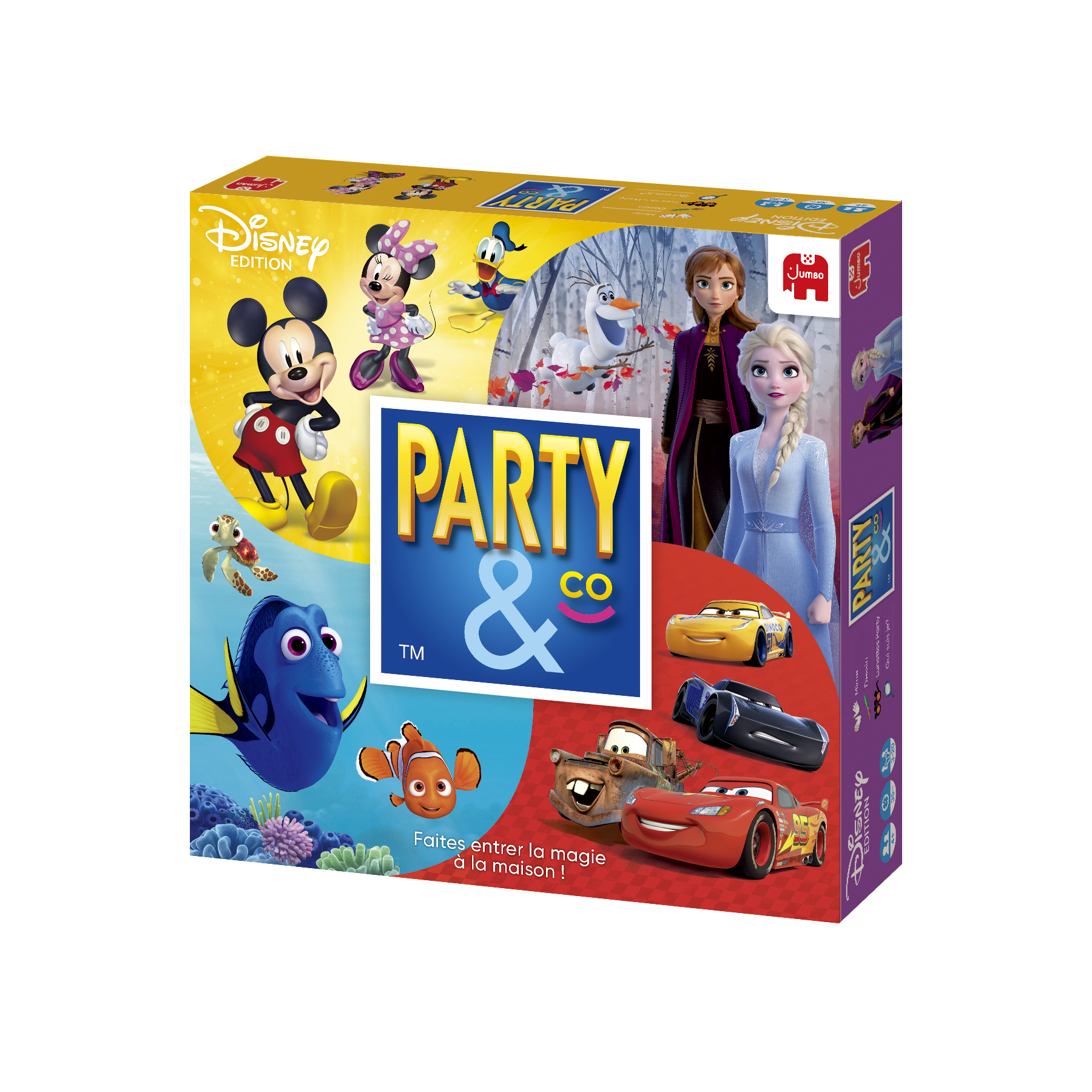 Een 'Party & Co' Disney editie bordspel doos met Disney karakters, waaronder Mickey, Elsa en Cars.
