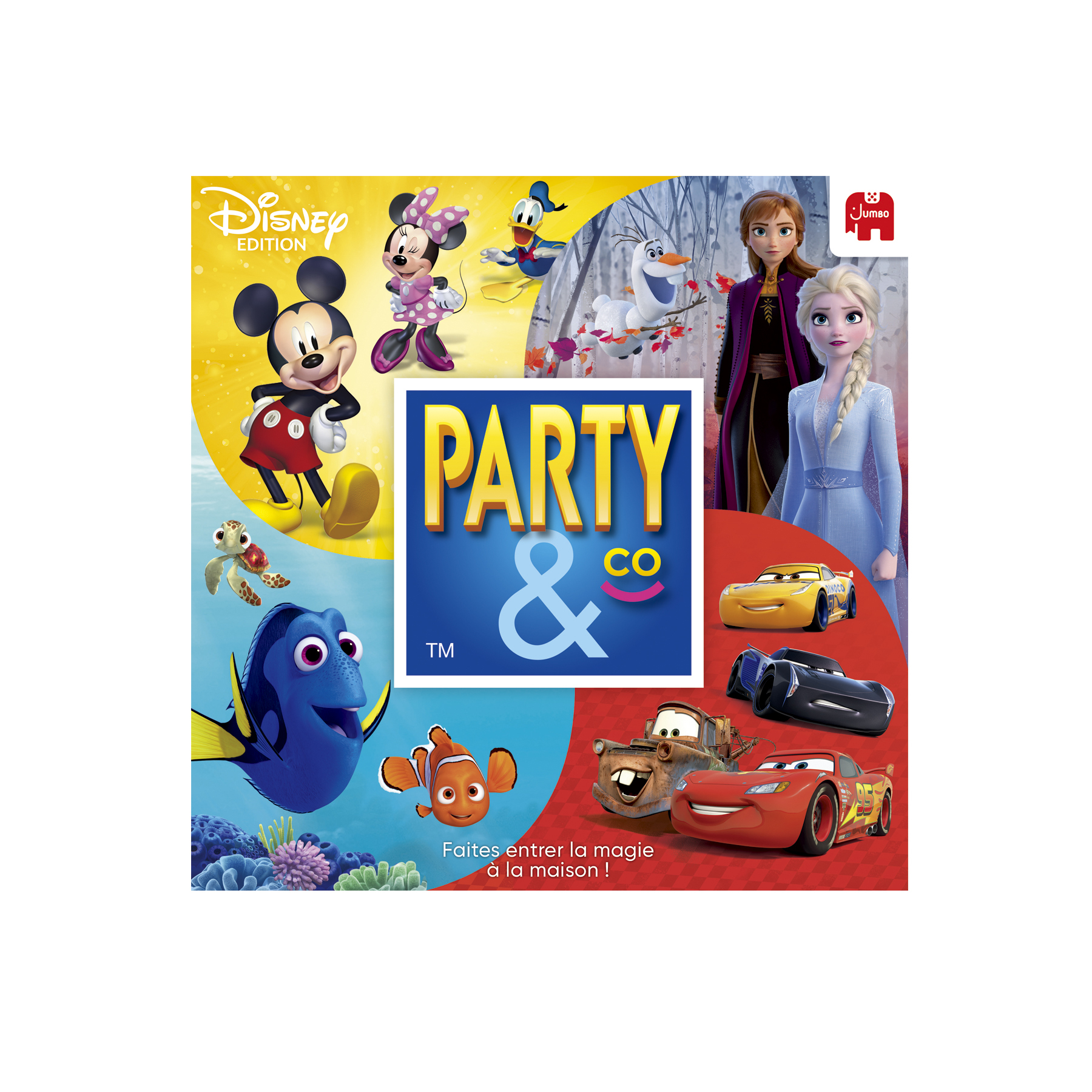 Disney Party & Co spel. Mickey, Minnie, Donald en Cars personages worden getoond. Frozen personages zijn ook aanwezig.