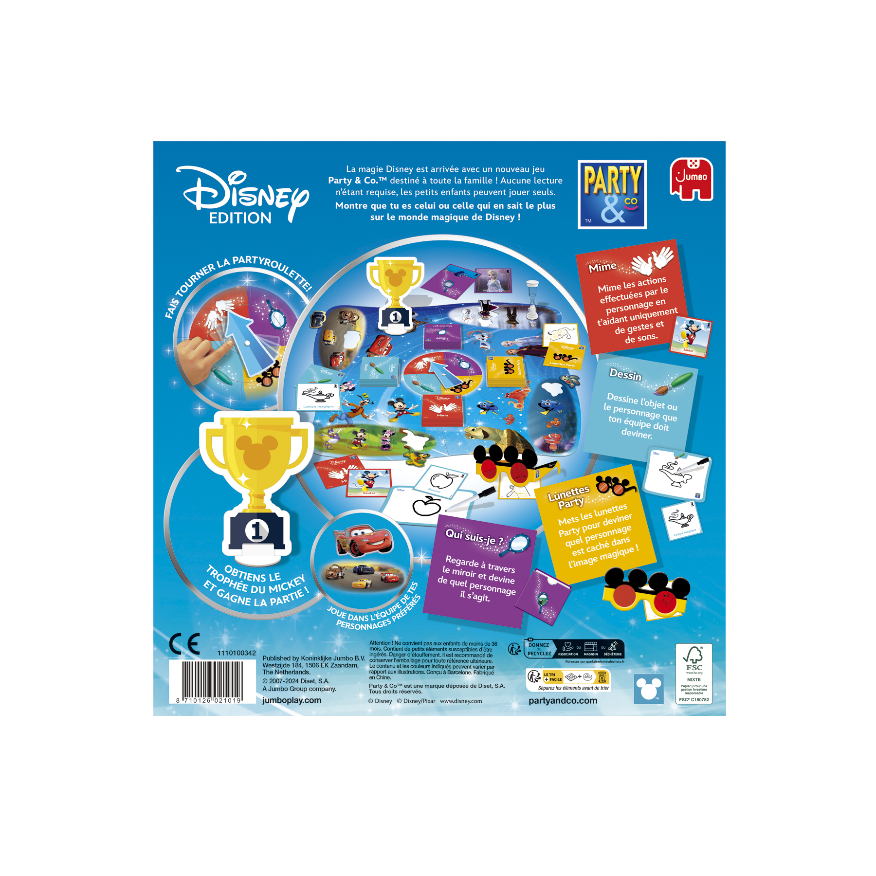 Achterkant van een 'Party & Co' Disney Edition speldoos, met spelonderdelen en instructies.