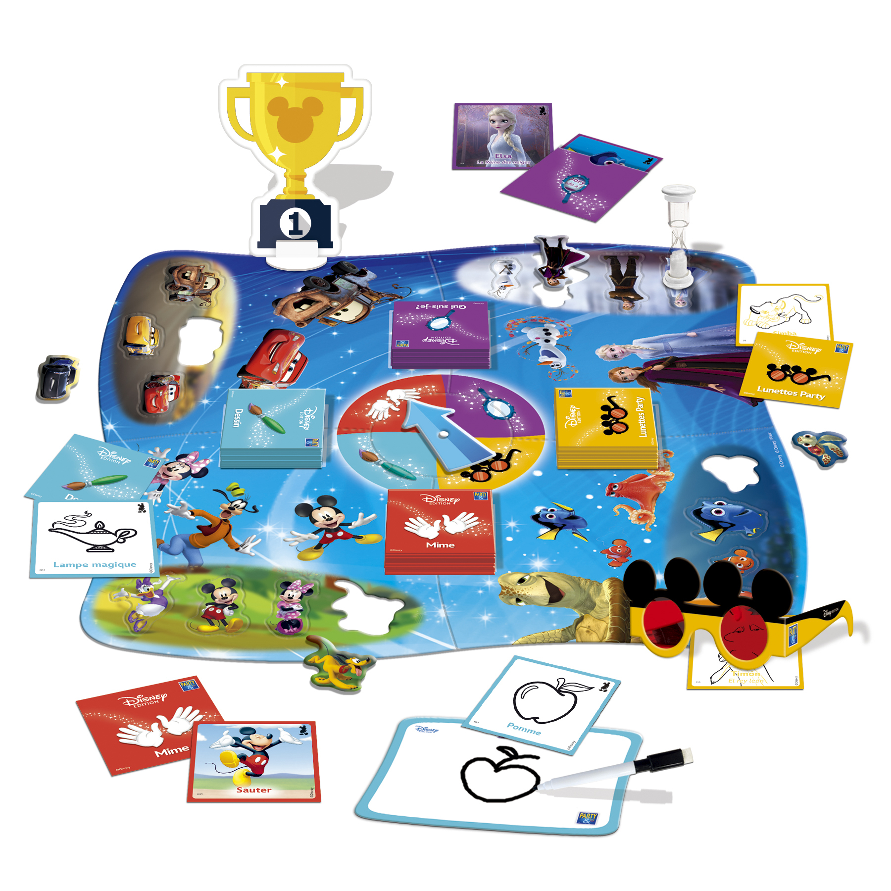 Disney spelbord met karakters. Inclusief trofee, kaarten, dobbelstenen en een whiteboard met een appeltekening.