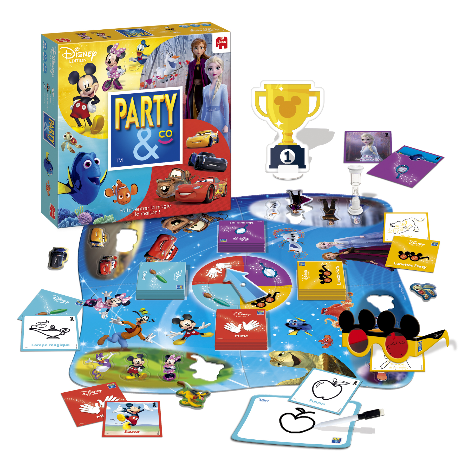 Een tafel met een 'Party & Co Disney Edition' spelopstelling. Inclusief spelbord, kaarten en Disney karakters.