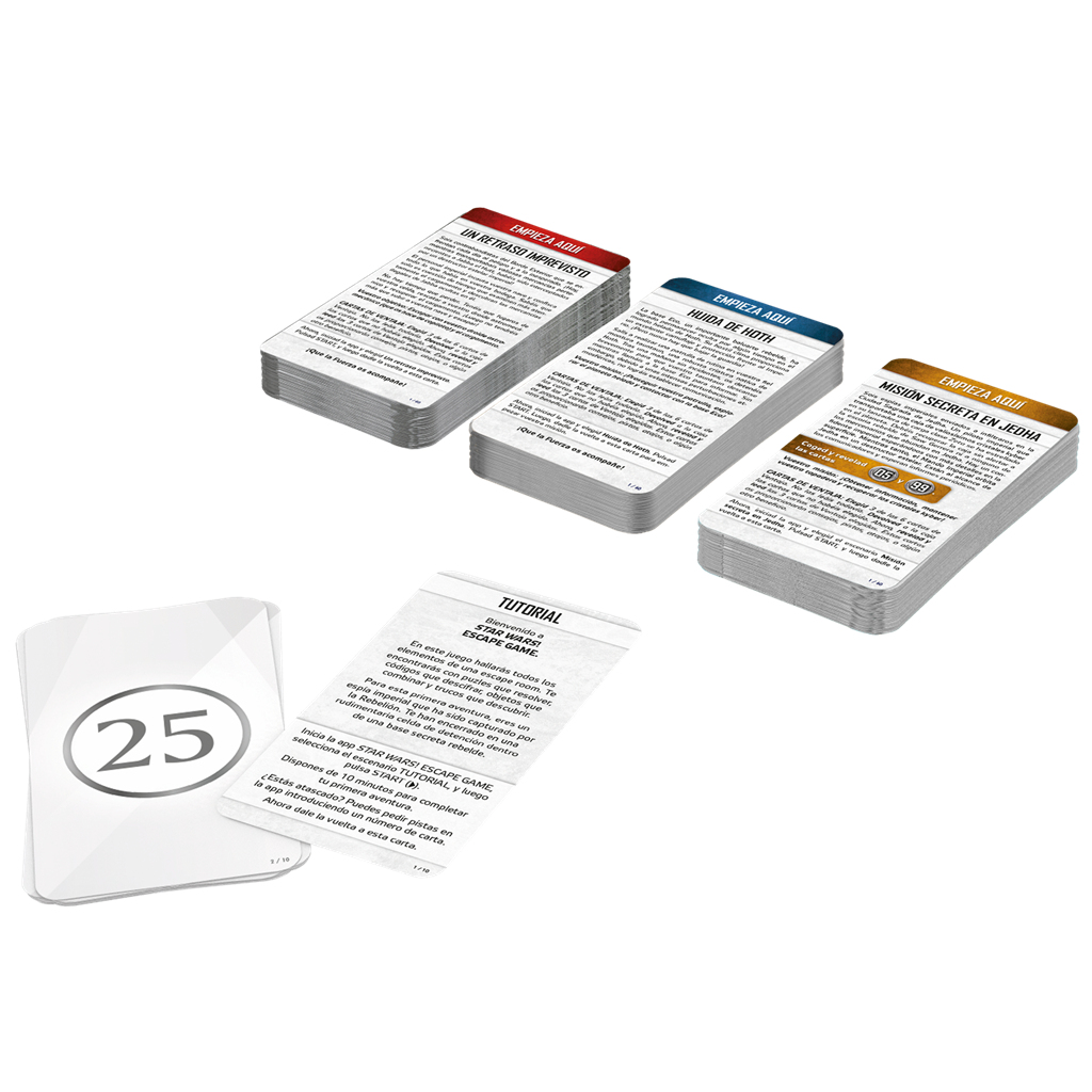 Tarjetas con texto e imágenes impresas. Una tarjeta muestra el número 25. Tres tarjetas apiladas.