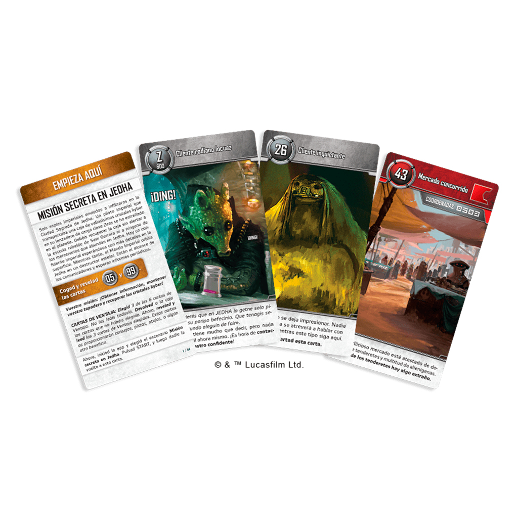 Juego de cartas de Star Wars con cuatro cartas. Las cartas presentan personajes y texto.